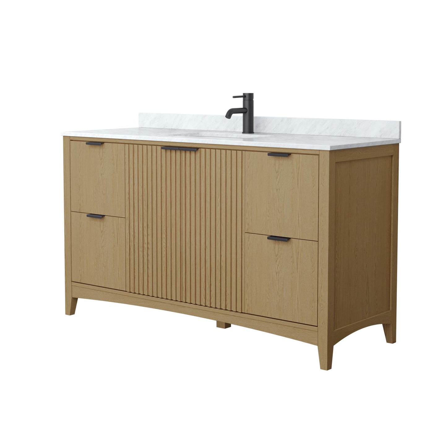 Wyndham Collection Palmilla 60" Single Bathroom Vanity in Natural Oak, White Carrara Marble Countertop, Undermount Square Sink (1-Hole), Matte Black Trim