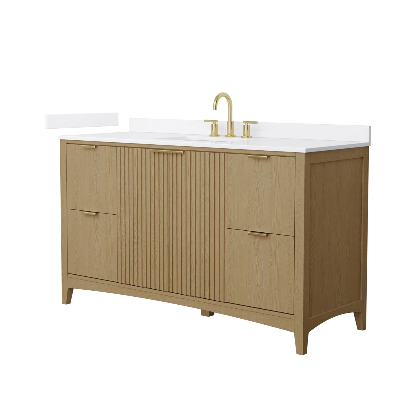 Wyndham Collection Palmilla 60" Single Bathroom Vanity in Natural Oak, White Cultured Marble Countertop, Undermount Square Sink (3-Hole), Brushed Gold Trim