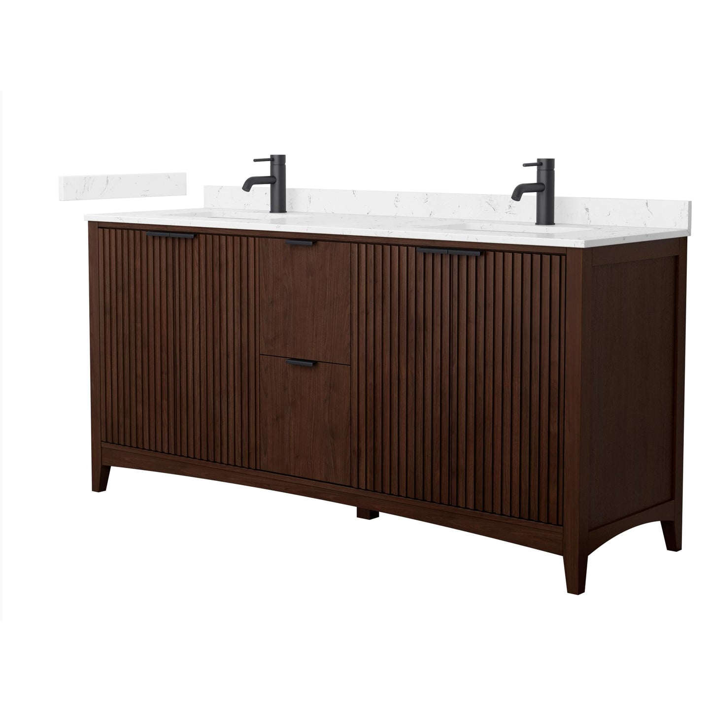 Wyndham Collection Palmilla 72" Double Bathroom Vanity in Dark Walnut, Carrara Cultured Marble Countertop, Undermount Square Sinks (1-Hole), Matte Black Trim