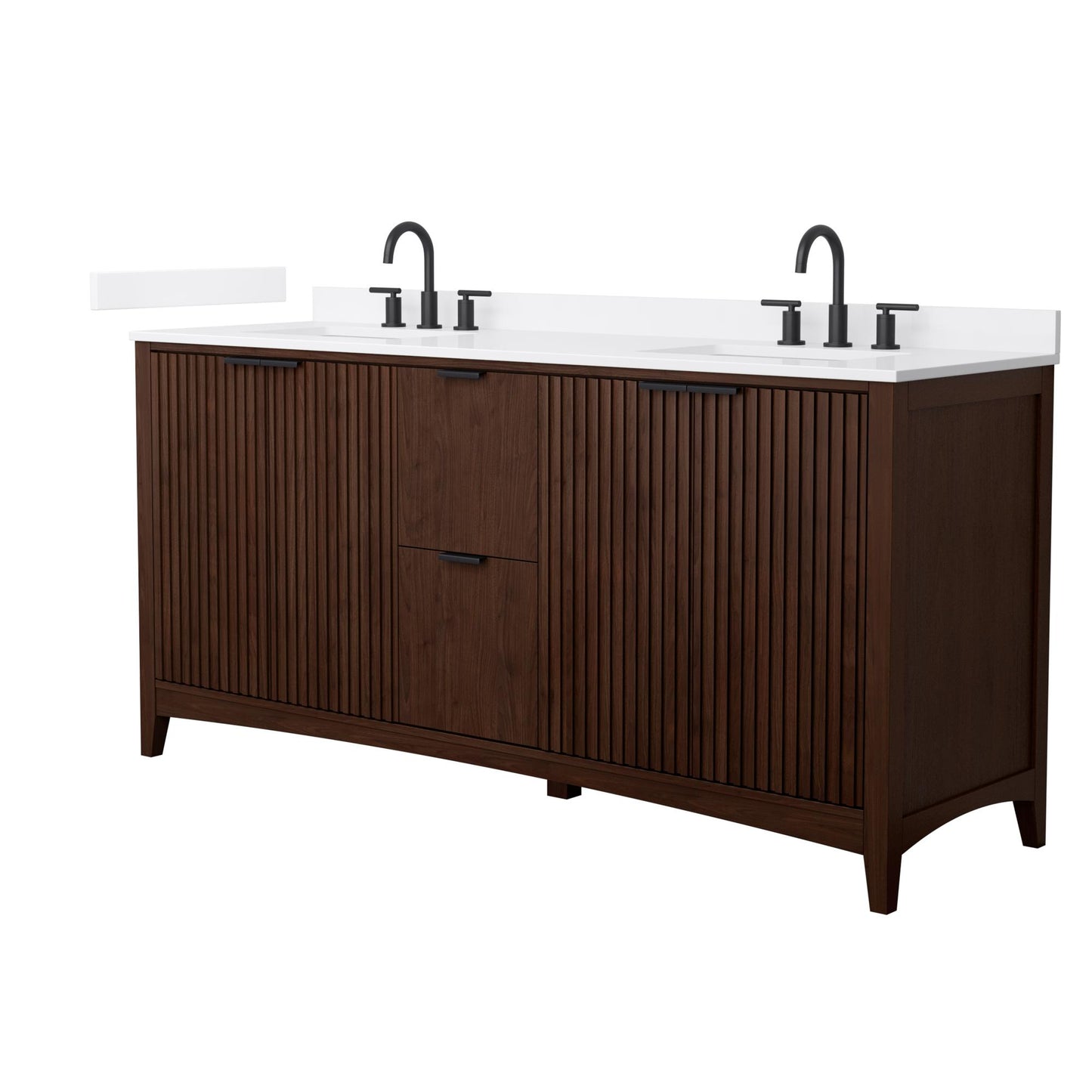 Wyndham Collection Palmilla 72" Double Bathroom Vanity in Dark Walnut, White Cultured Marble Countertop, Undermount Square Sinks (3-Hole), Matte Black Trim