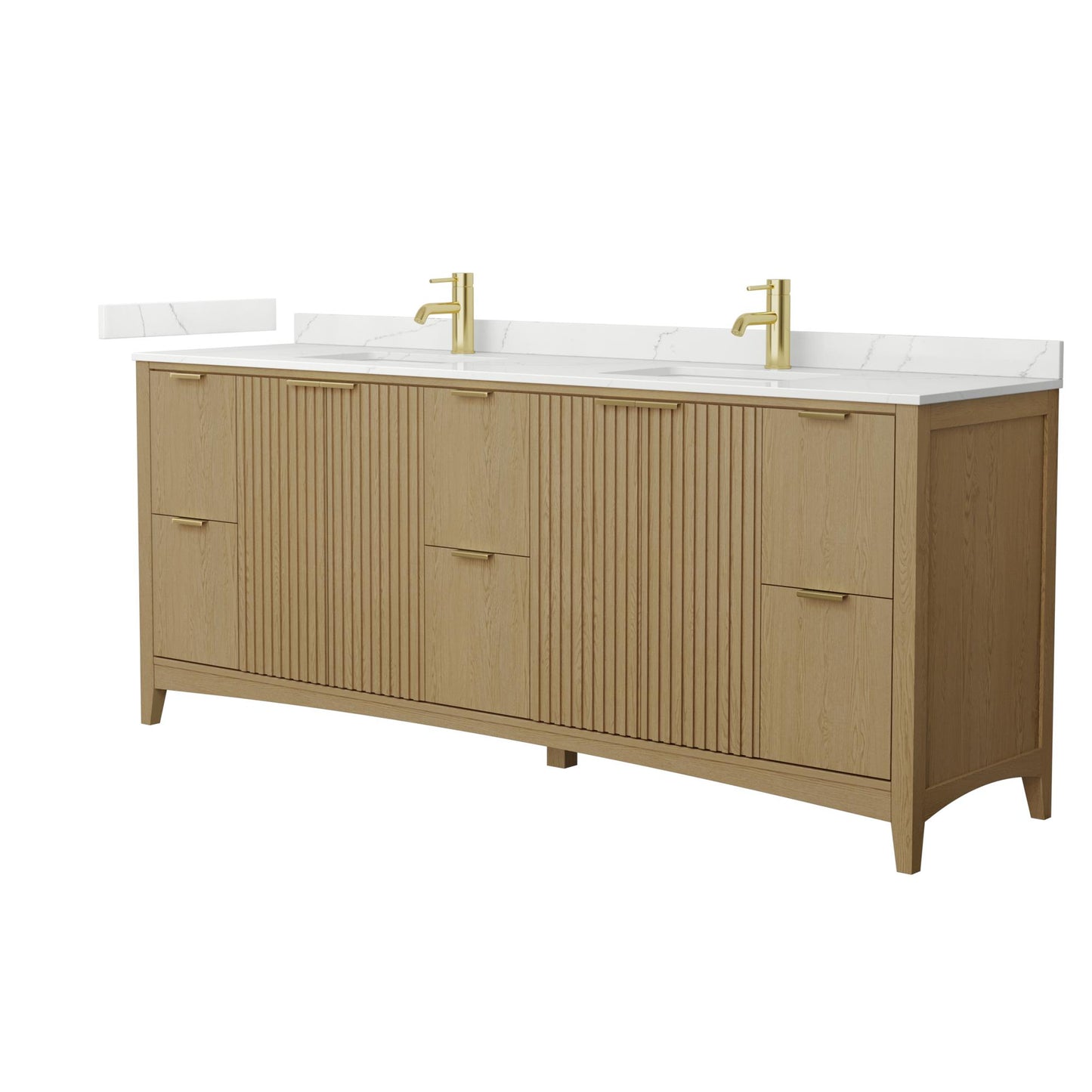 Wyndham Collection Palmilla 84" Double Bathroom Vanity in Natural Oak, Giotto Quartz Countertop, Undermount Square Sinks (1-Hole), Brushed Gold Trim