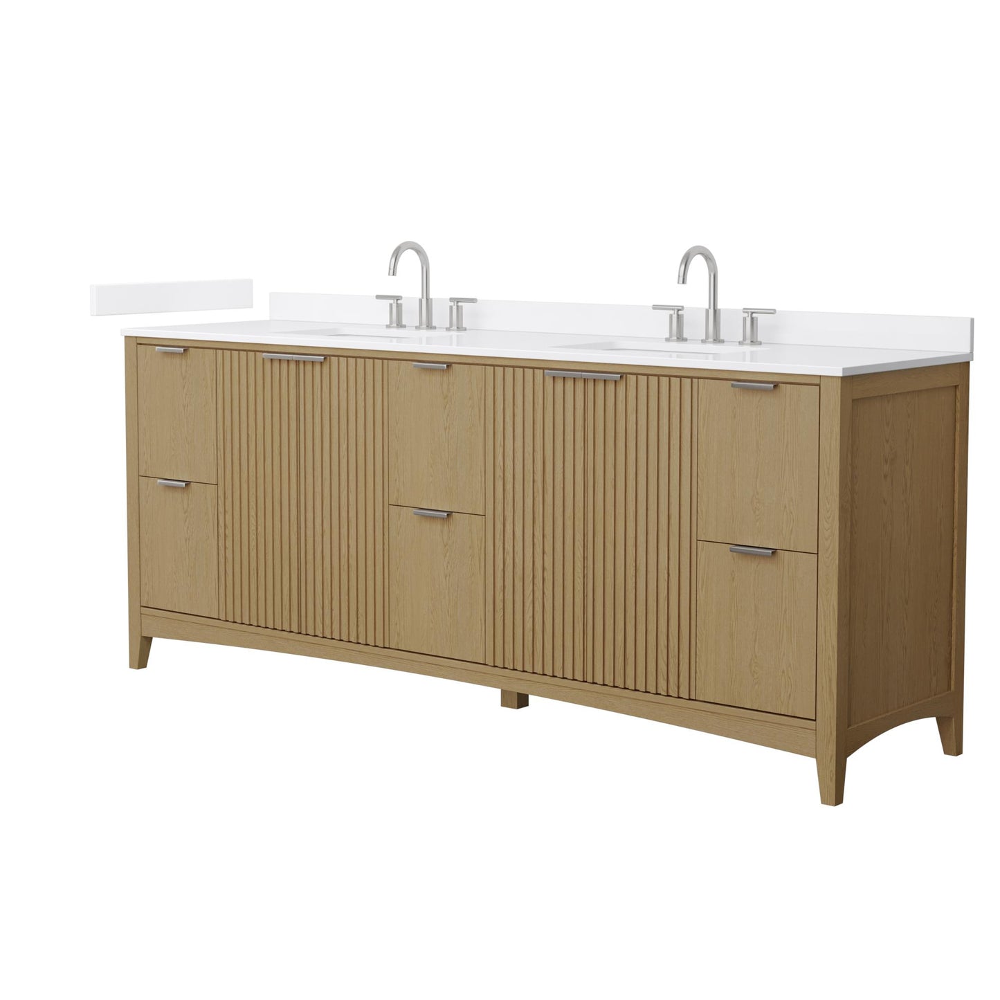 Wyndham Collection Palmilla 84" Double Bathroom Vanity in Natural Oak, White Cultured Marble Countertop, Undermount Square Sinks (3-Hole), Brushed Nickel Trim