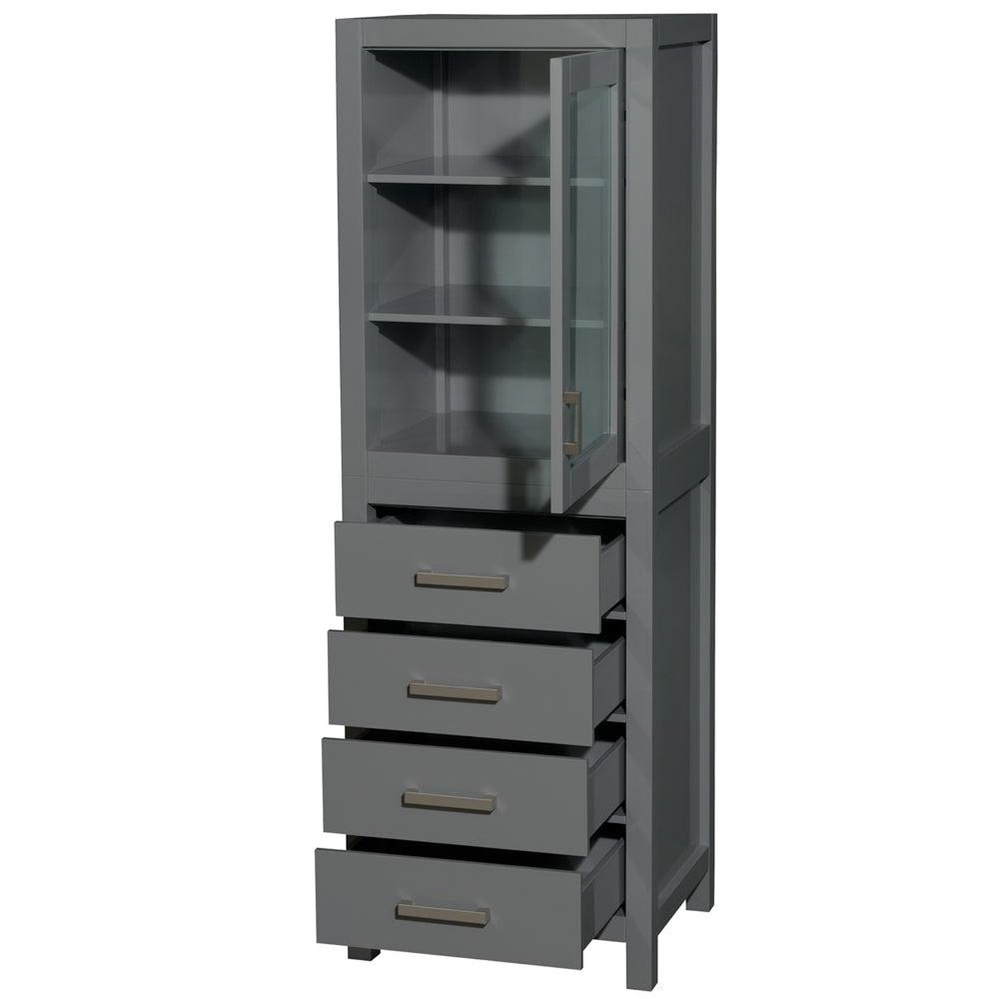 Wyndham Collection Sheffield 24" Linen Tower in Dark Gray With Shelved Cabinet Storage and 4 Drawers