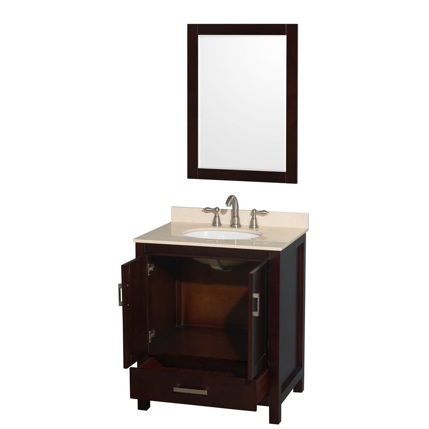 Wyndham Collection Sheffield 30" Single Bathroom Vanity in Espresso, Ivory Marble Countertop, Undermount Oval Sink, and 24" Mirror