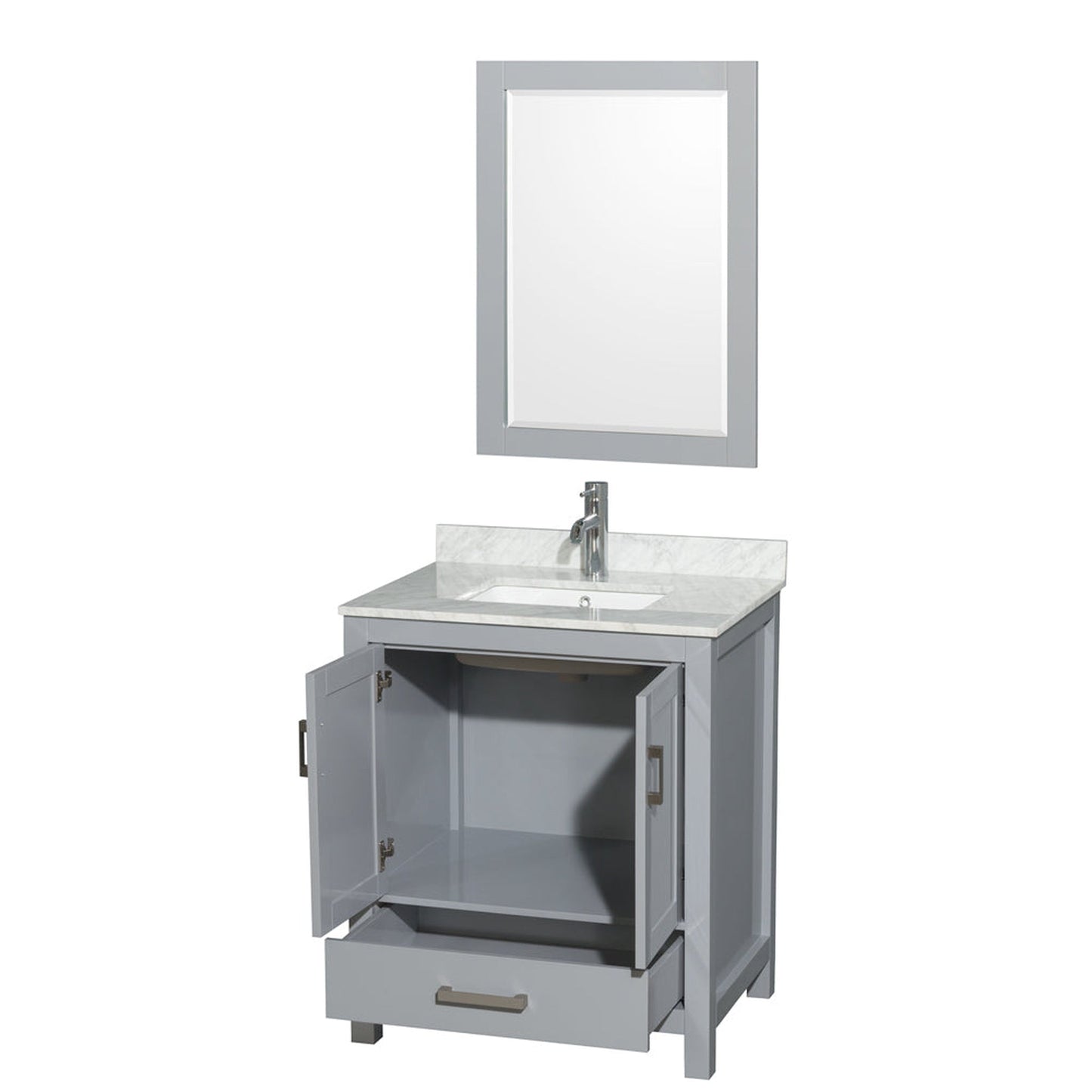 Wyndham Collection Sheffield 30" Single Bathroom Vanity in Gray, White Carrara Marble Countertop, Undermount Square Sink, and 24" Mirror