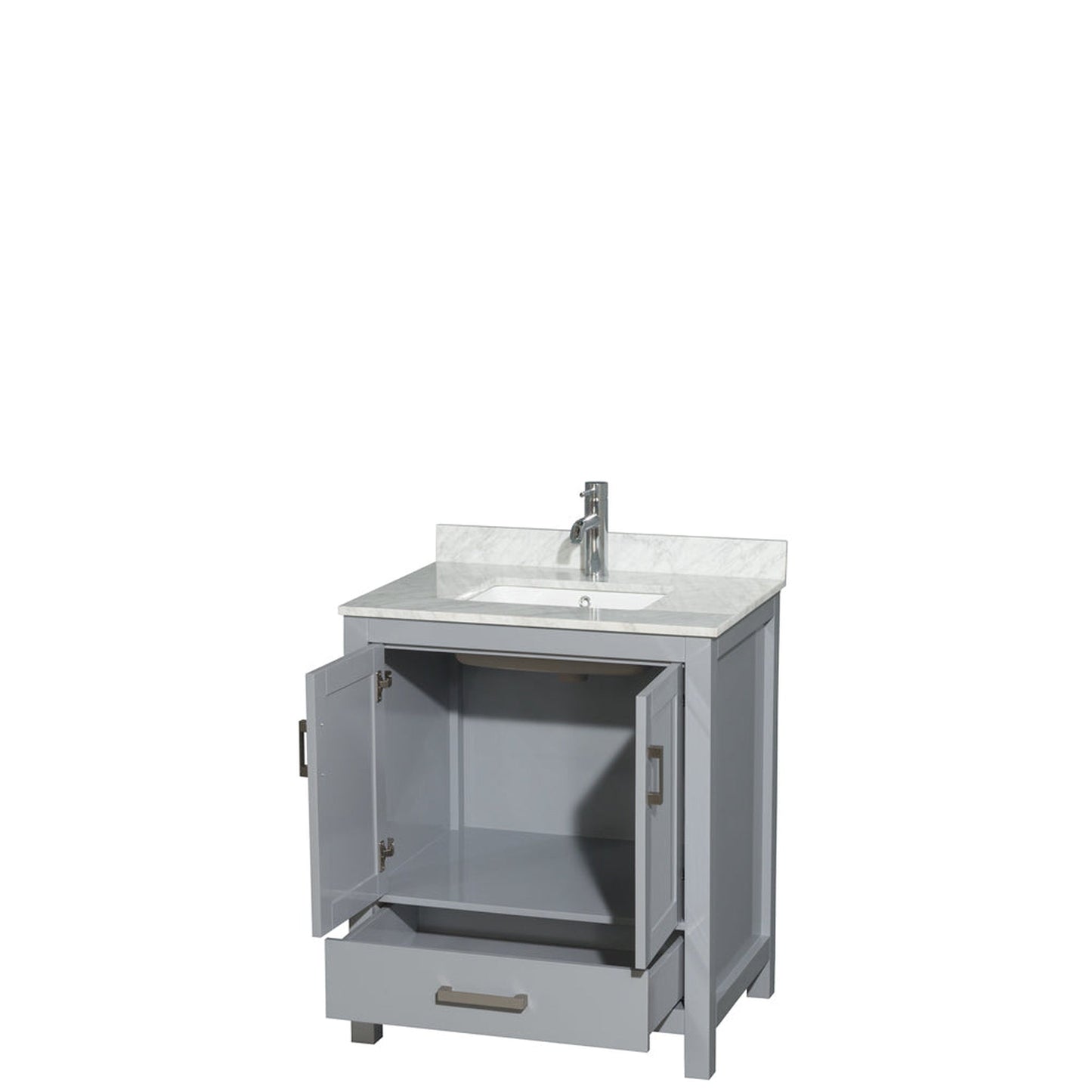 Wyndham Collection Sheffield 30" Single Bathroom Vanity in Gray, White Carrara Marble Countertop, Undermount Square Sink, and No Mirror