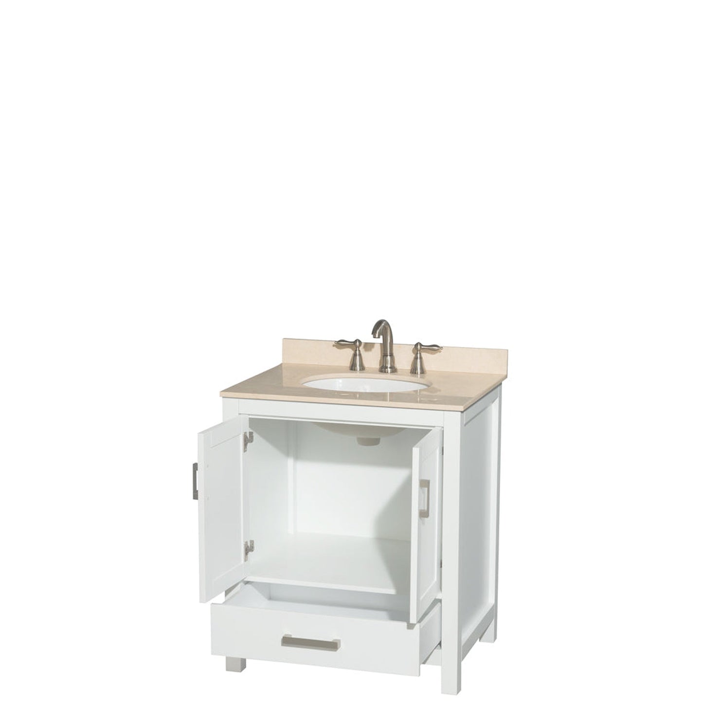 Wyndham Collection Sheffield 30" Single Bathroom Vanity in White, Ivory Marble Countertop, Undermount Oval Sink, and No Mirror
