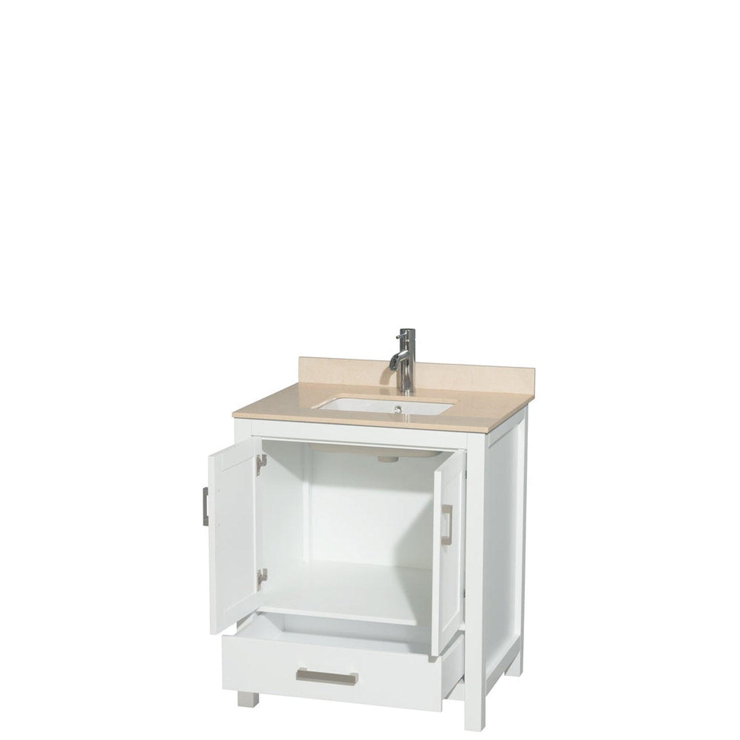 Wyndham Collection Sheffield 30" Single Bathroom Vanity in White, Ivory Marble Countertop, Undermount Square Sink, and No Mirror