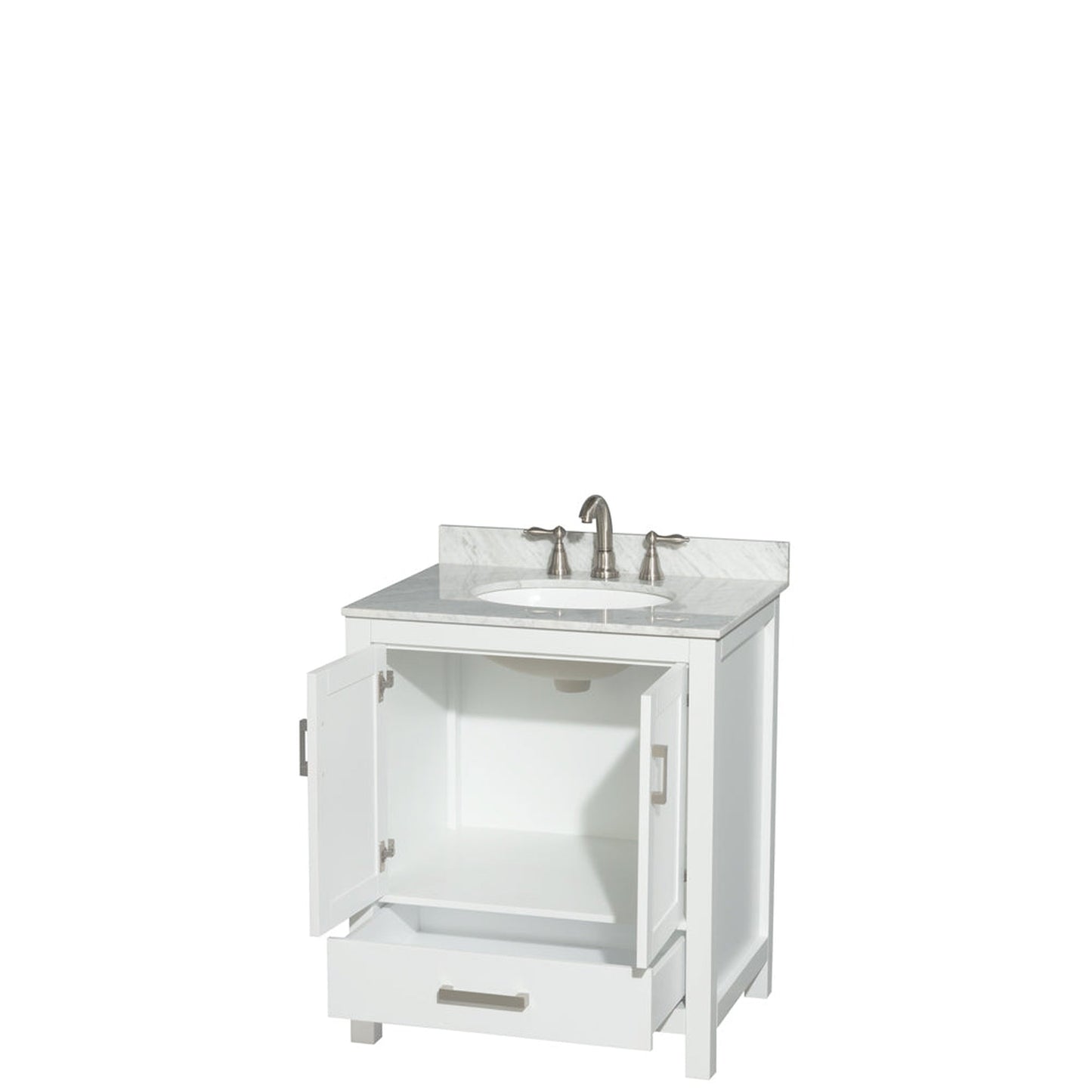 Wyndham Collection Sheffield 30" Single Bathroom Vanity in White, White Carrara Marble Countertop, Undermount Oval Sink, and No Mirror
