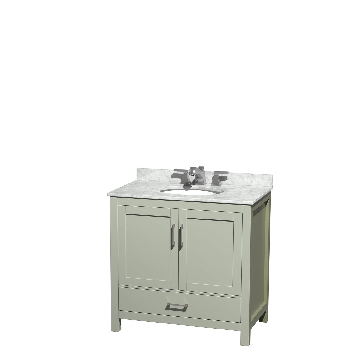 Wyndham Collection Sheffield 36" Single Bathroom Vanity in Light Green, White Carrara Marble Countertop, Undermount Oval Sink, Brushed Nickel Trim