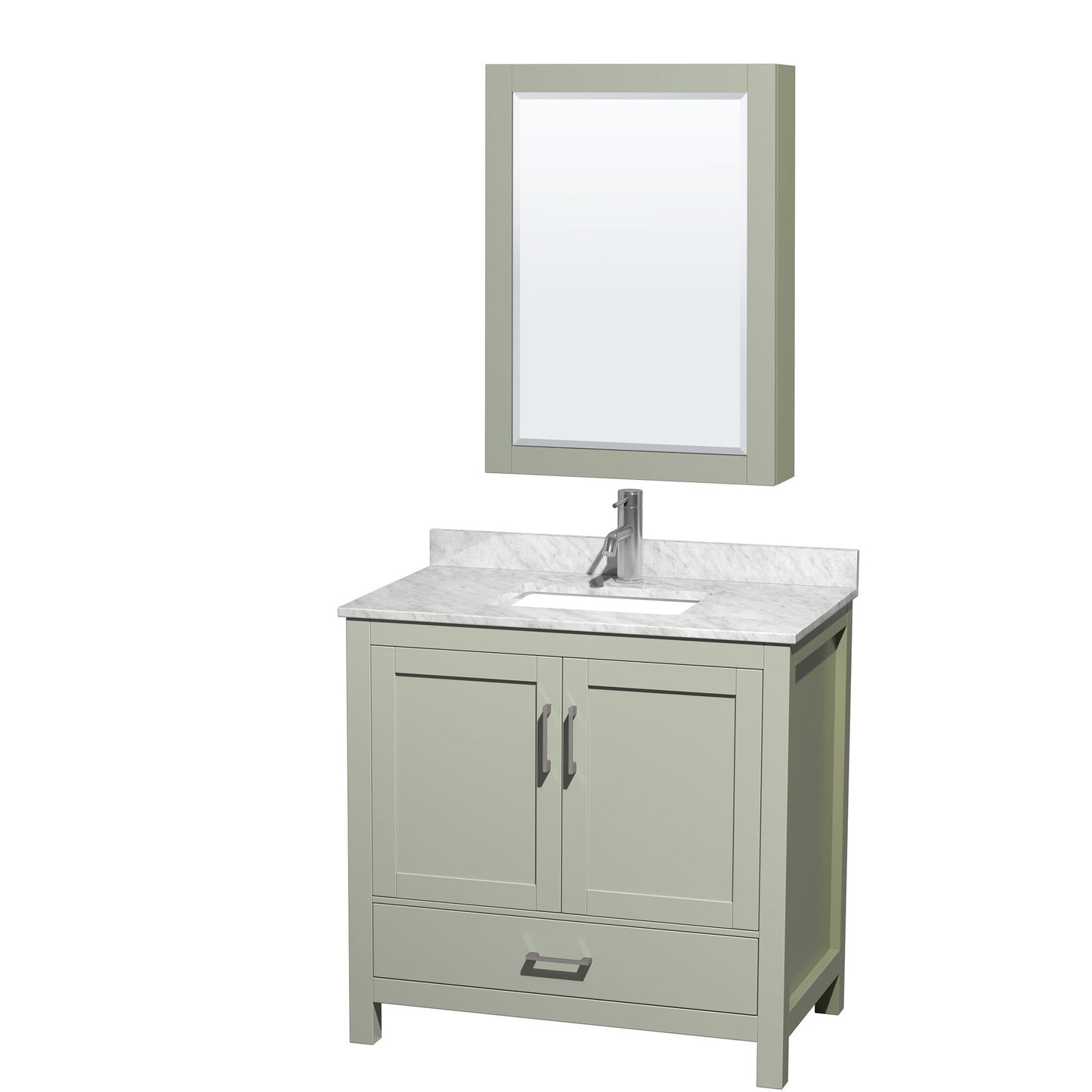 Wyndham Collection Sheffield 36" Single Bathroom Vanity in Light Green, White Carrara Marble Countertop, Undermount Square Sink, Brushed Nickel Trim, Medicine Cabinet