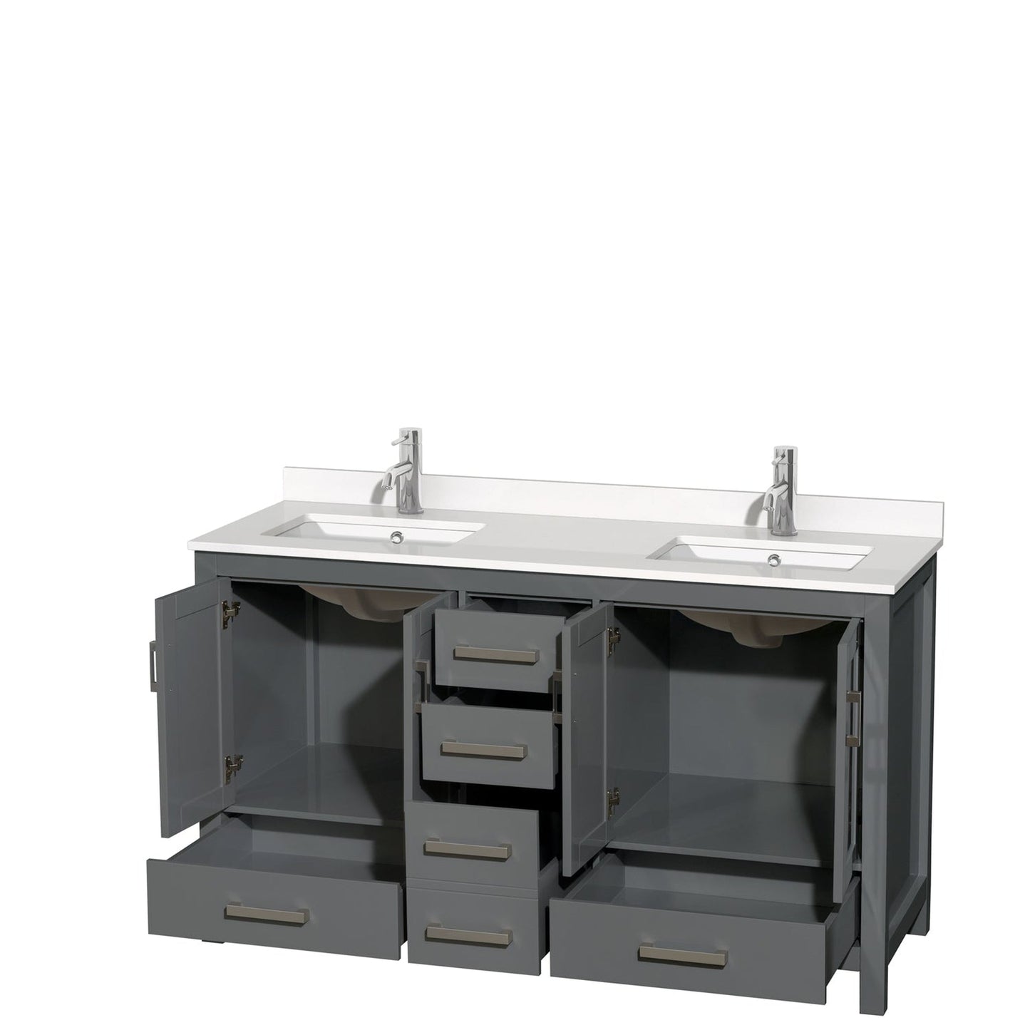 Wyndham Collection Sheffield 60" Double Bathroom Vanity in Dark Gray, White Quartz Countertop, Undermount Square Sinks, No Mirror
