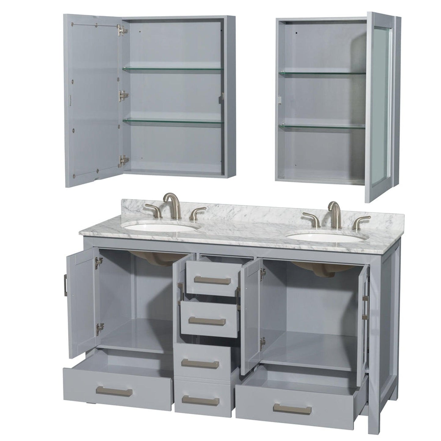 Wyndham Collection Sheffield 60" Double Bathroom Vanity in Gray, White Carrara Marble Countertop, Undermount Oval Sinks, and Medicine Cabinet