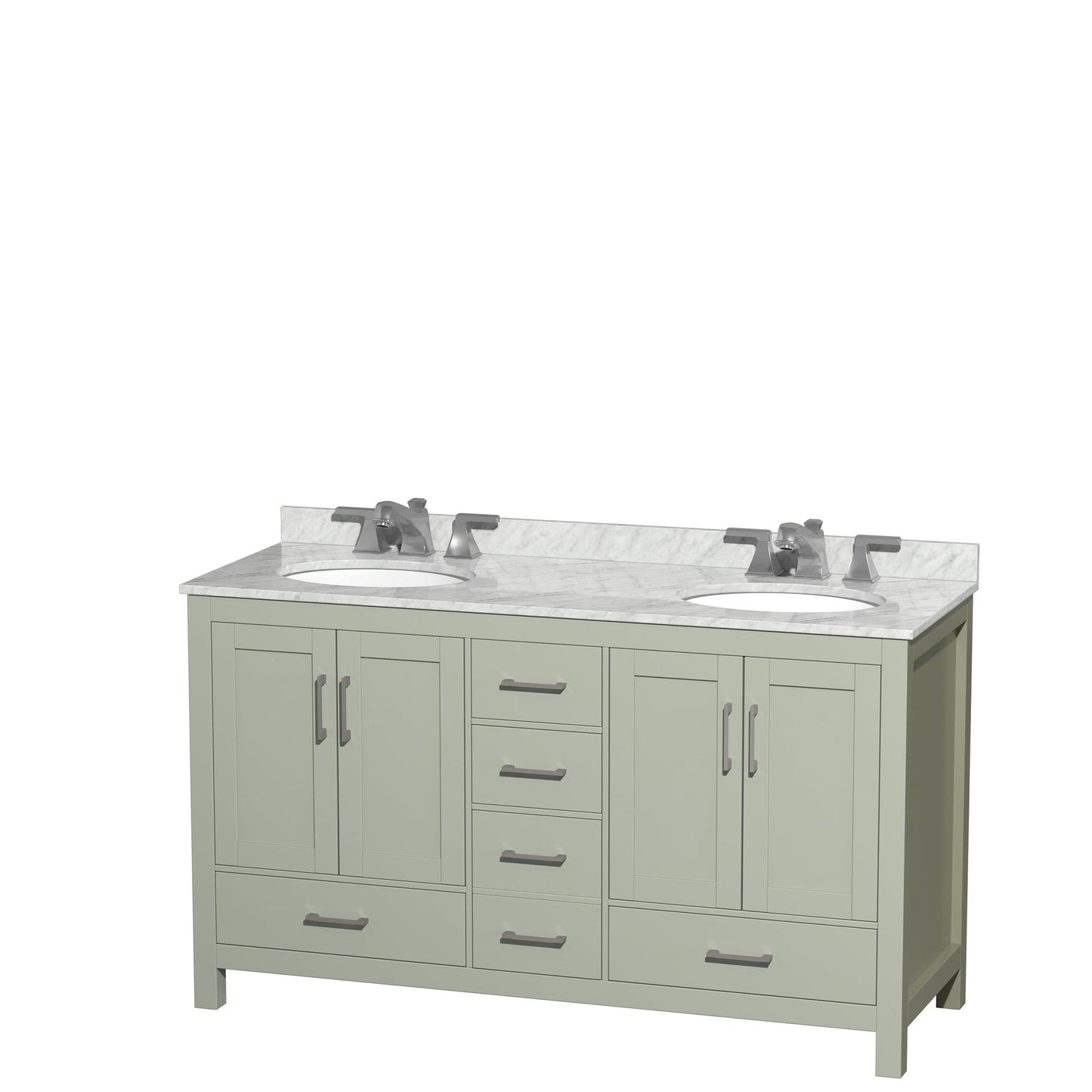 Wyndham Collection Sheffield 60" Double Bathroom Vanity in Light Green, White Carrara Marble Countertop, Undermount Oval Sinks, Brushed Nickel Trim