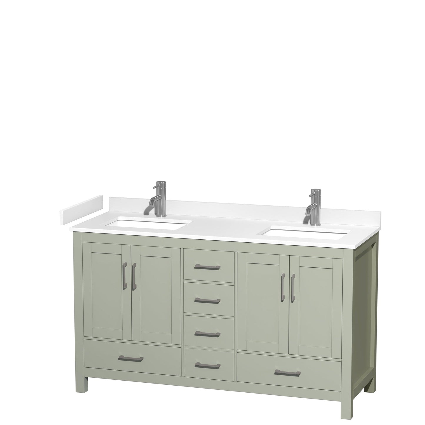 Wyndham Collection Sheffield 60" Double Bathroom Vanity in Light Green, White Cultured Marble Countertop, Undermount Square Sinks, Brushed Nickel Trim