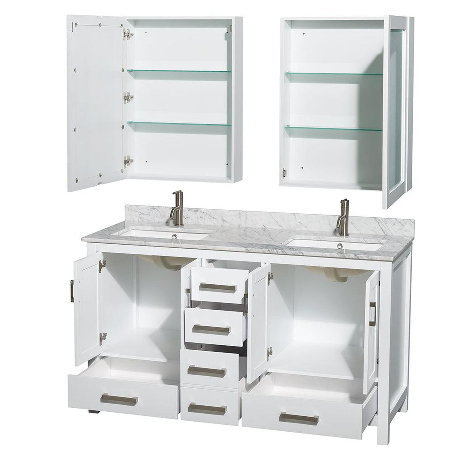 Wyndham Collection Sheffield 60" Double Bathroom Vanity in White, White Carrara Marble Countertop, Undermount Square Sinks, and Medicine Cabinet
