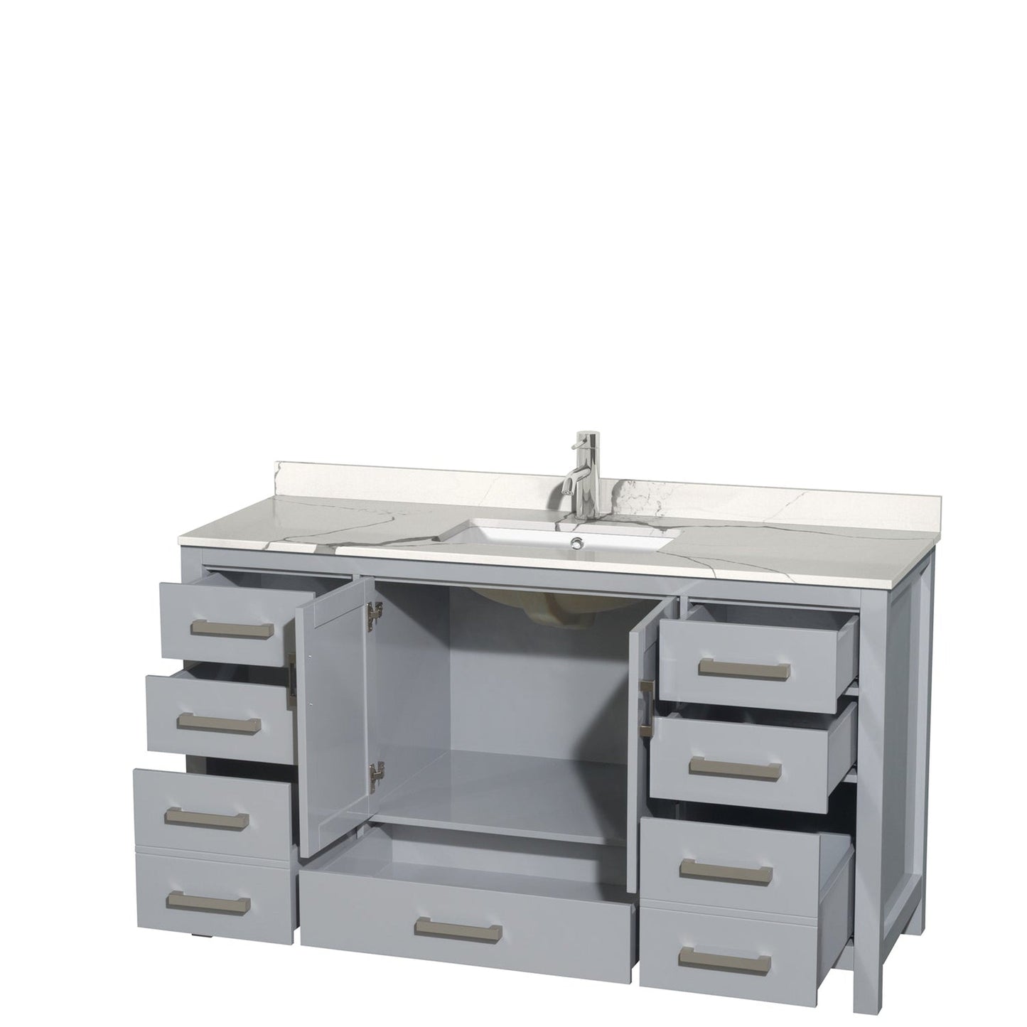 Wyndham Collection Sheffield 60" Single Bathroom Vanity in Gray, Calacatta Quartz Countertop, Undermount Square Sink, No Mirror