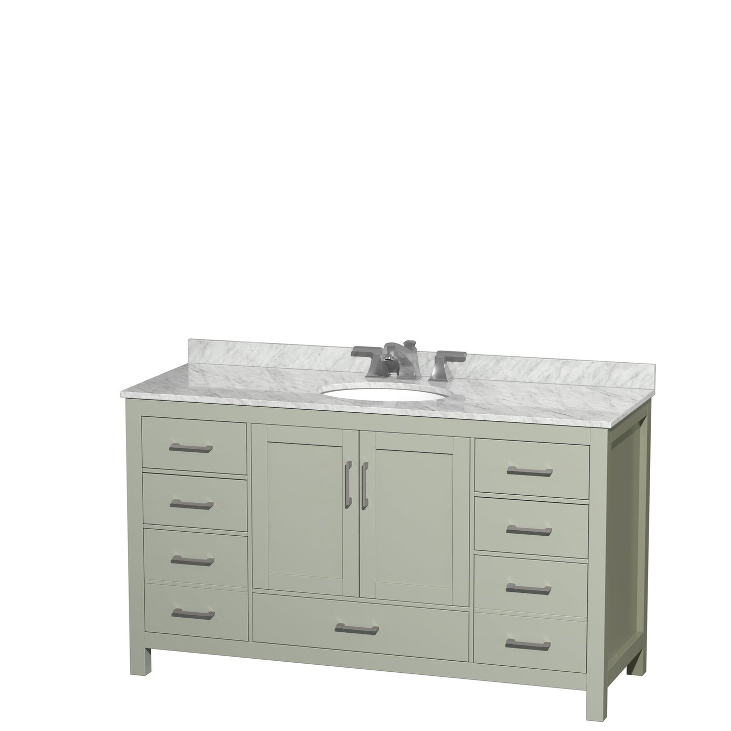 Wyndham Collection Sheffield 60" Single Bathroom Vanity in Light Green, White Carrara Marble Countertop, Undermount Oval Sink, Brushed Nickel Trim
