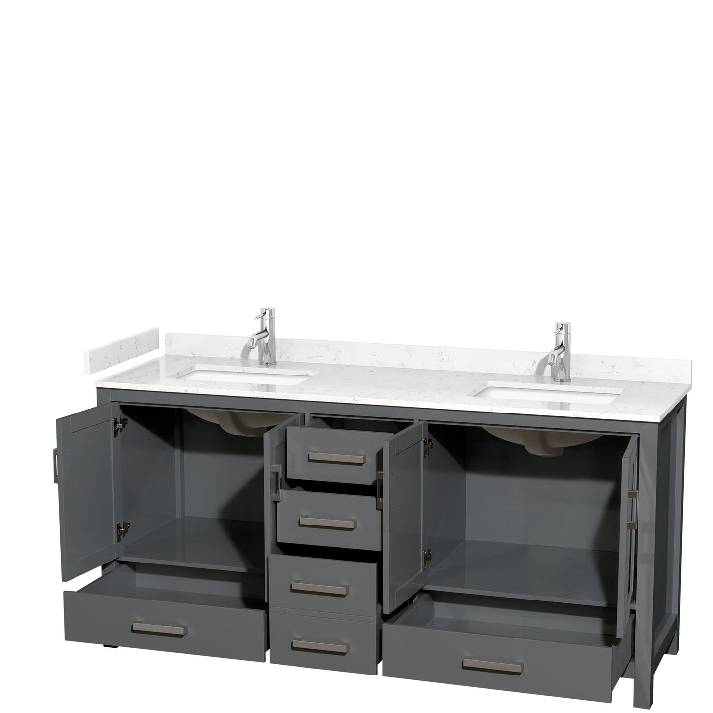 Wyndham Collection Sheffield 72" Double Bathroom Vanity in Dark Gray, Carrara Cultured Marble Countertop, Undermount Square Sinks, No Mirror