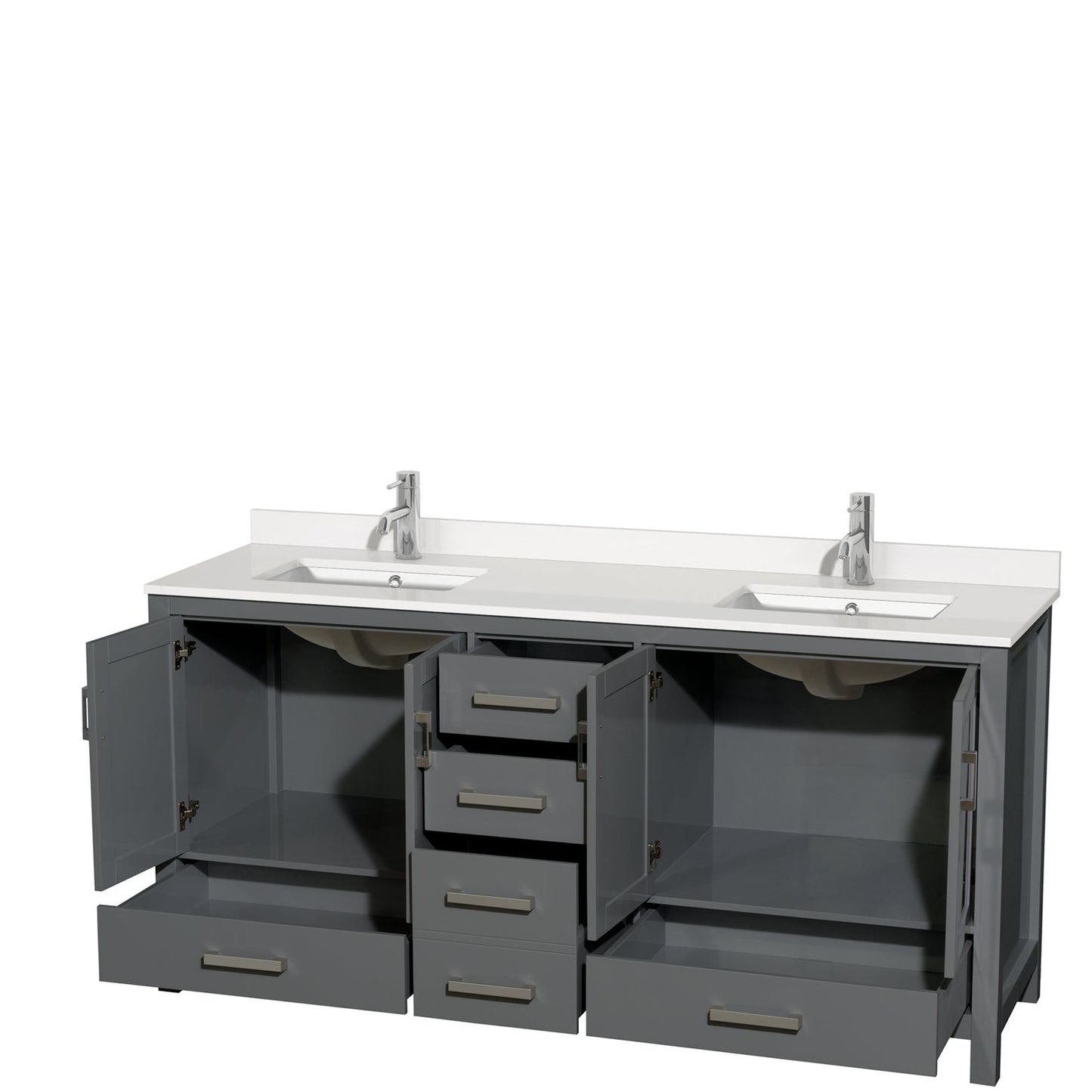 Wyndham Collection Sheffield 72" Double Bathroom Vanity in Dark Gray, White Quartz Countertop, Undermount Square Sinks, No Mirror