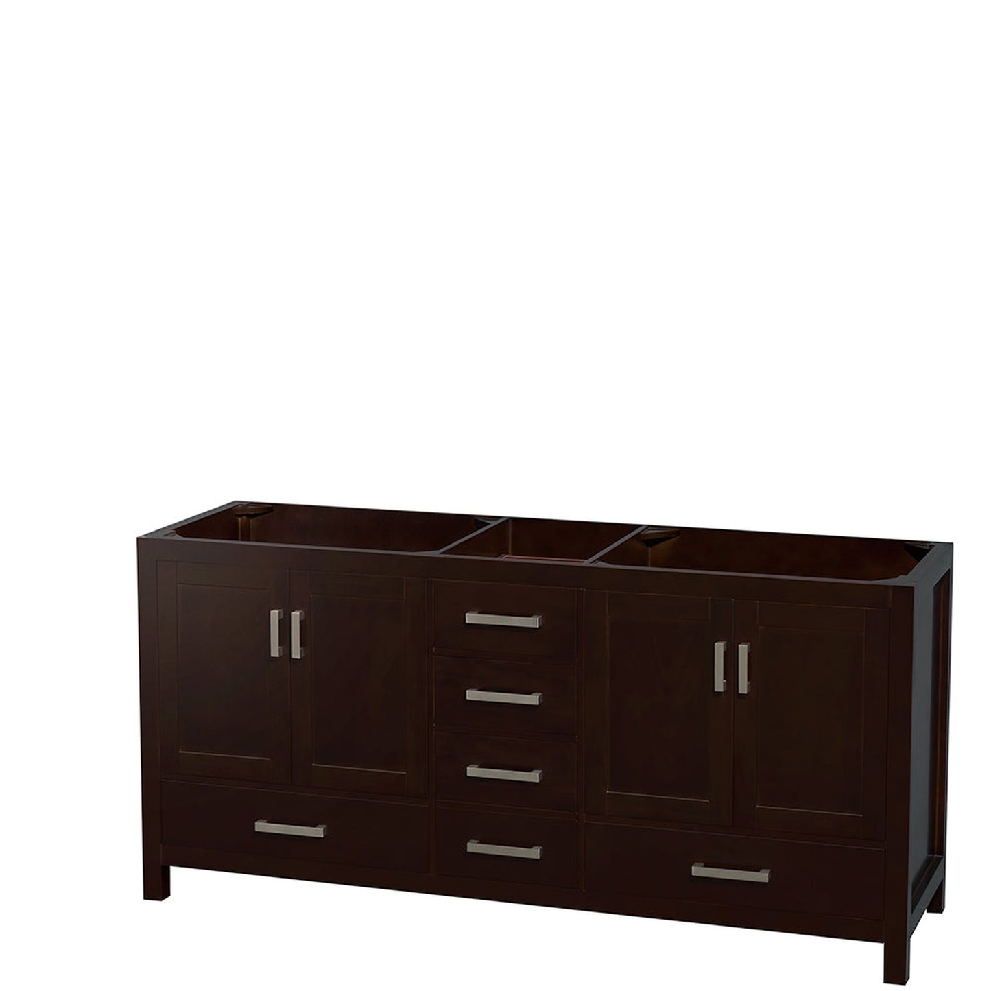 Wyndham Collection Sheffield 72" Double Bathroom Vanity in Espresso, White Carrara Marble Countertop, Undermount Square Sinks, and 70" Mirror