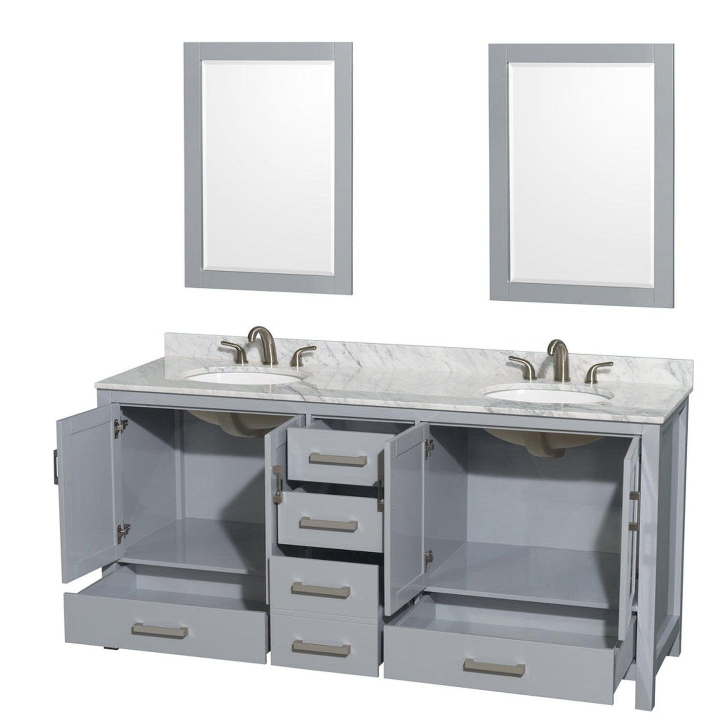 Wyndham Collection Sheffield 72" Double Bathroom Vanity in Gray, White Carrara Marble Countertop, Undermount Oval Sinks, and 24" Mirror