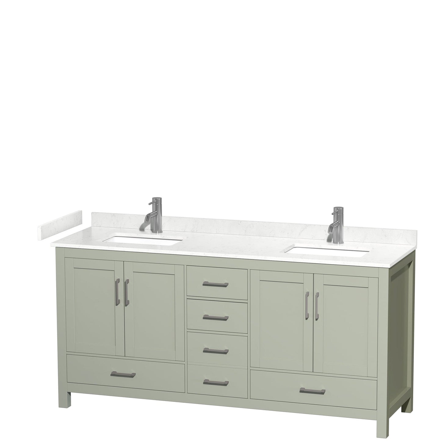 Wyndham Collection Sheffield 72" Double Bathroom Vanity in Light Green, Carrara Cultured Marble Countertop, Undermount Square Sinks, Brushed Nickel Trim