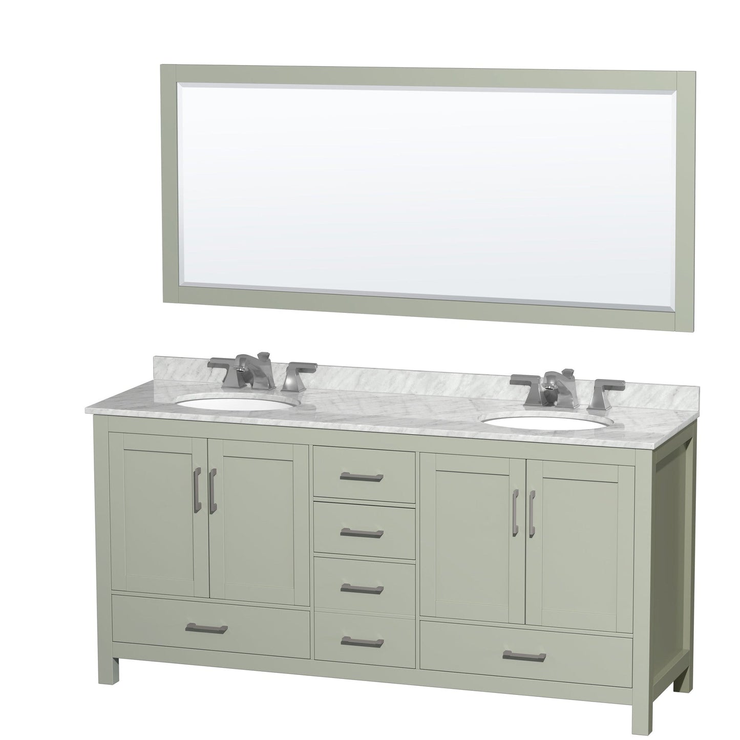 Wyndham Collection Sheffield 72" Double Bathroom Vanity in Light Green, White Carrara Marble Countertop, Undermount Oval Sinks, Brushed Nickel Trim, 70" Mirror