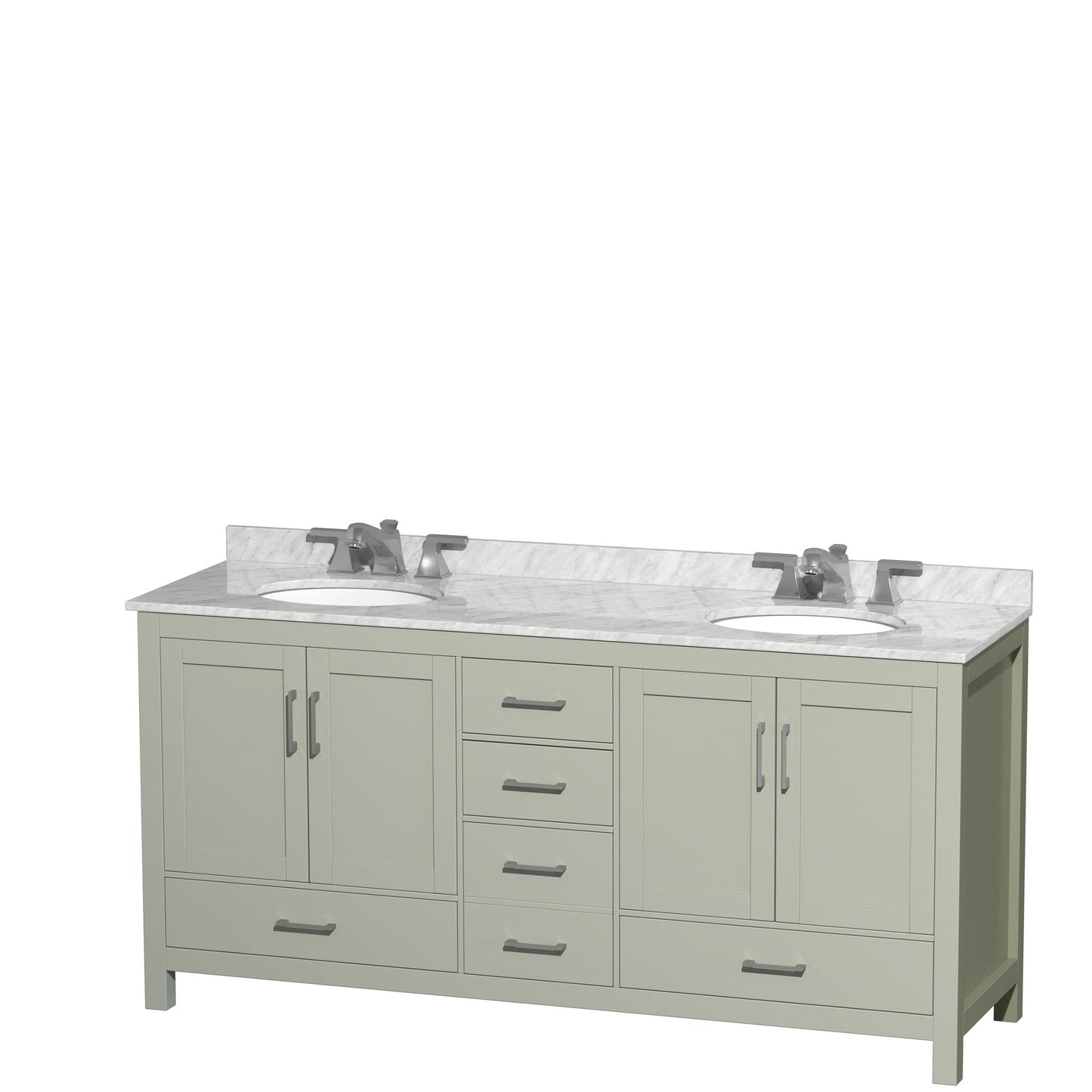 Wyndham Collection Sheffield 72" Double Bathroom Vanity in Light Green, White Carrara Marble Countertop, Undermount Oval Sinks, Brushed Nickel Trim