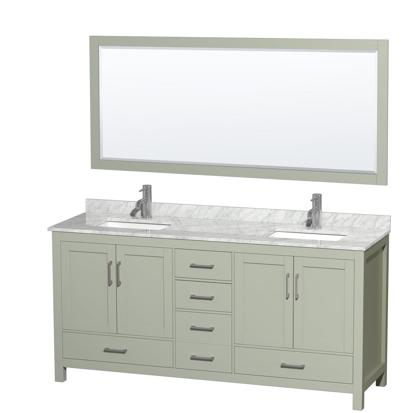 Wyndham Collection Sheffield 72" Double Bathroom Vanity in Light Green, White Carrara Marble Countertop, Undermount Square Sinks, Brushed Nickel Trim, 70" Mirror