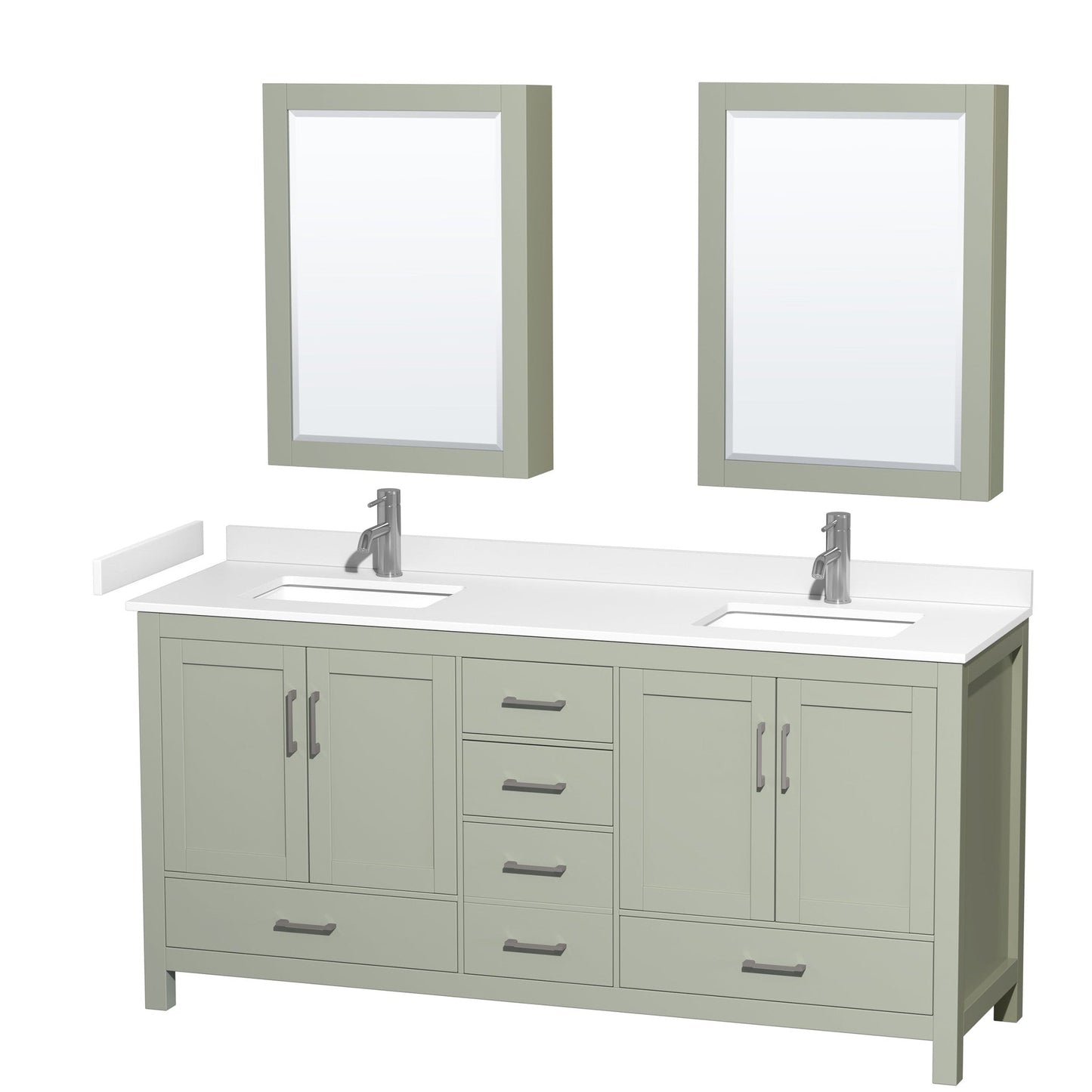 Wyndham Collection Sheffield 72" Double Bathroom Vanity in Light Green, White Cultured Marble Countertop, Undermount Square Sinks, Brushed Nickel Trim, Medicine Cabinets