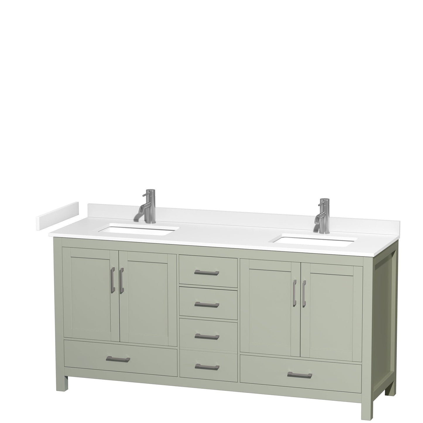 Wyndham Collection Sheffield 72" Double Bathroom Vanity in Light Green, White Cultured Marble Countertop, Undermount Square Sinks, Brushed Nickel Trim