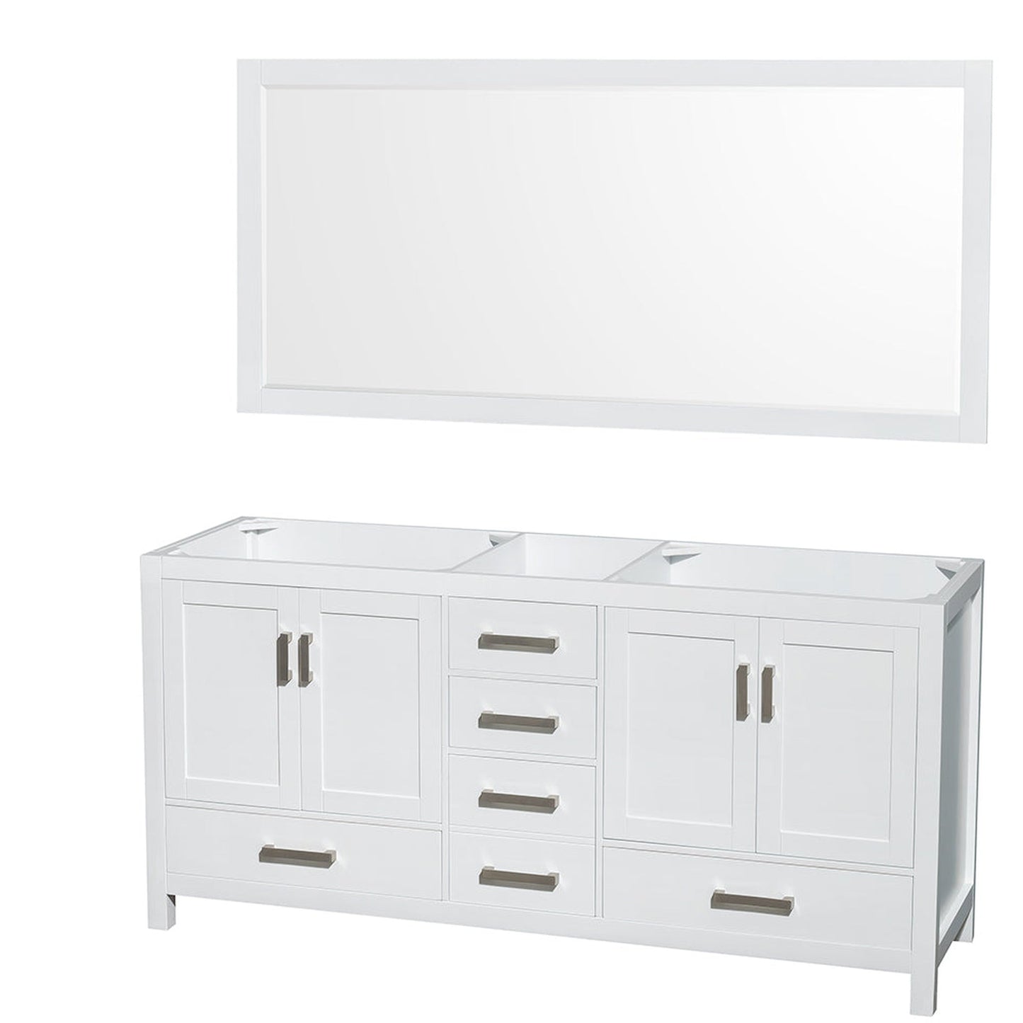 Wyndham Collection Sheffield 72" Double Bathroom Vanity in White, No Countertop, No Sinks, and 70" Mirror