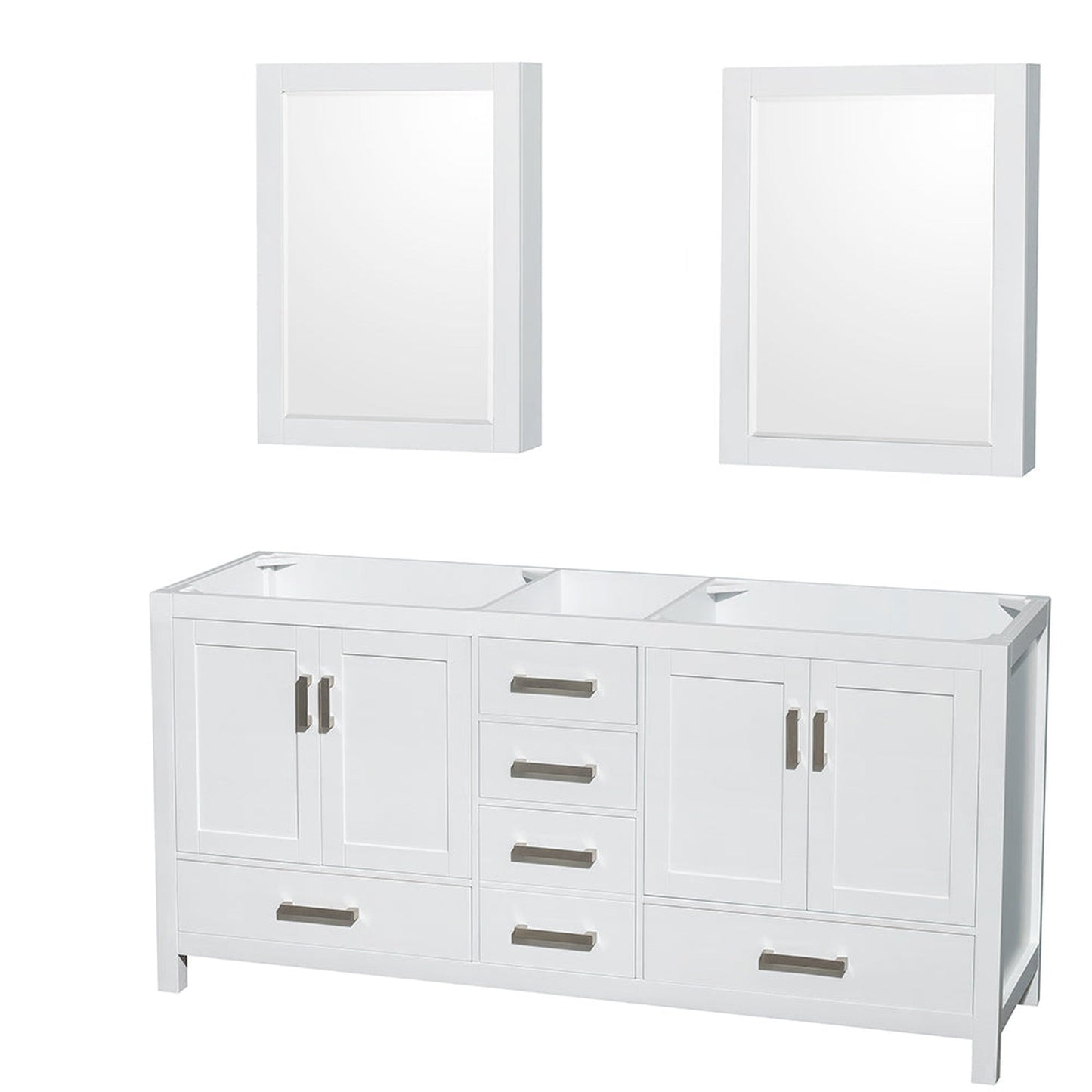 Wyndham Collection Sheffield 72" Double Bathroom Vanity in White, No Countertop, No Sinks, and Medicine Cabinet