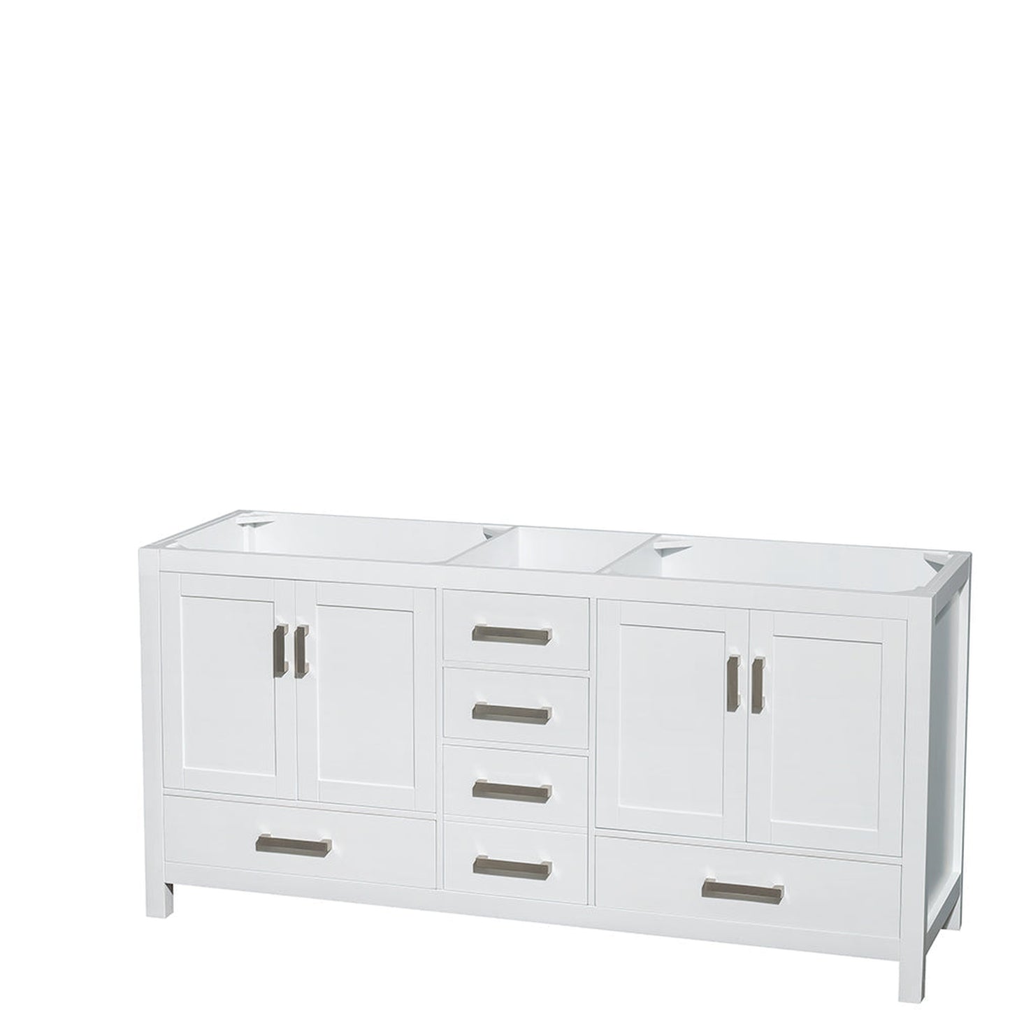 Wyndham Collection Sheffield 72" Double Bathroom Vanity in White, White Carrara Marble Countertop, Undermount Square Sinks, and 70" Mirror