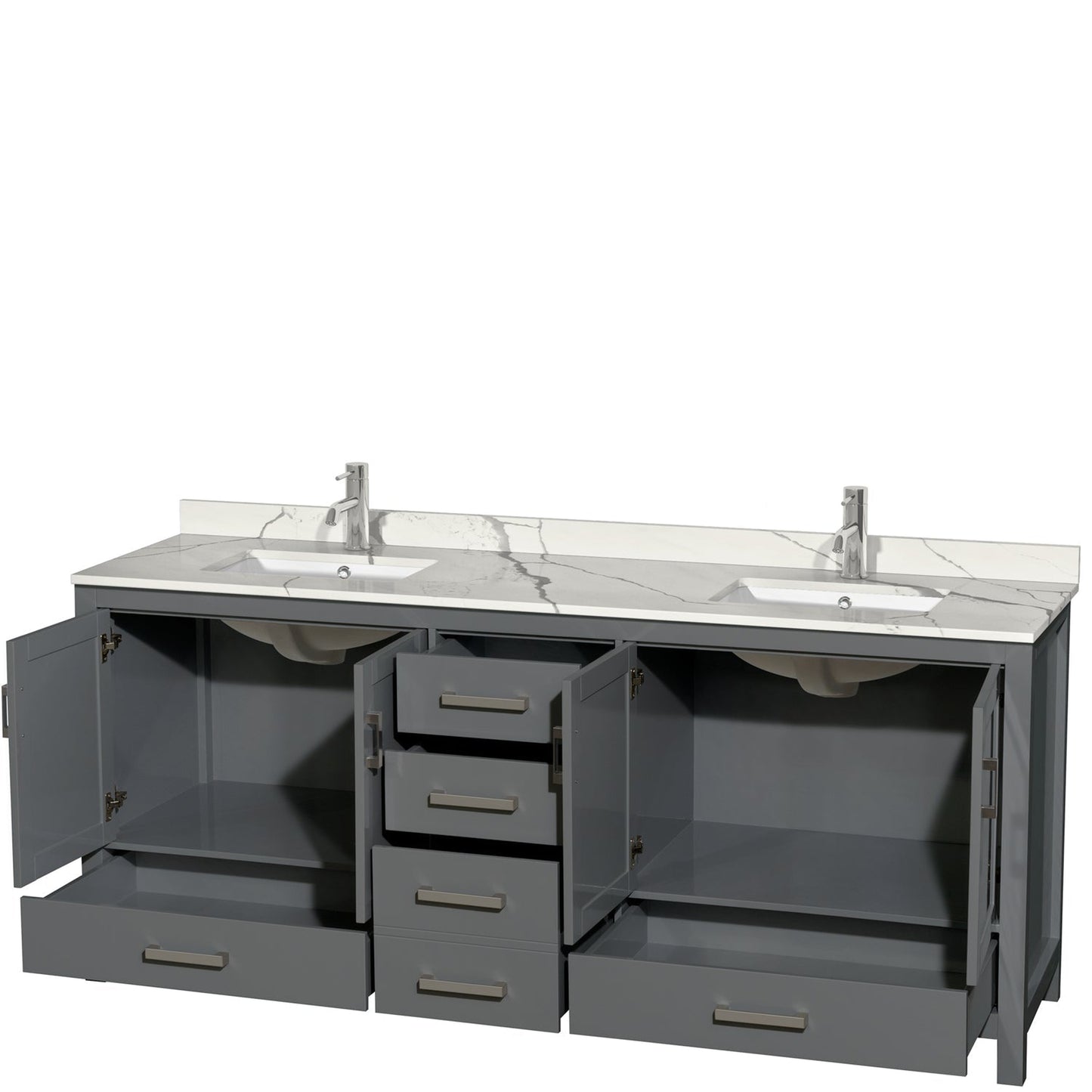 Wyndham Collection Sheffield 80" Double Bathroom Vanity in Dark Gray, Calacatta Quartz Countertop, Undermount Square Sinks, No Mirror