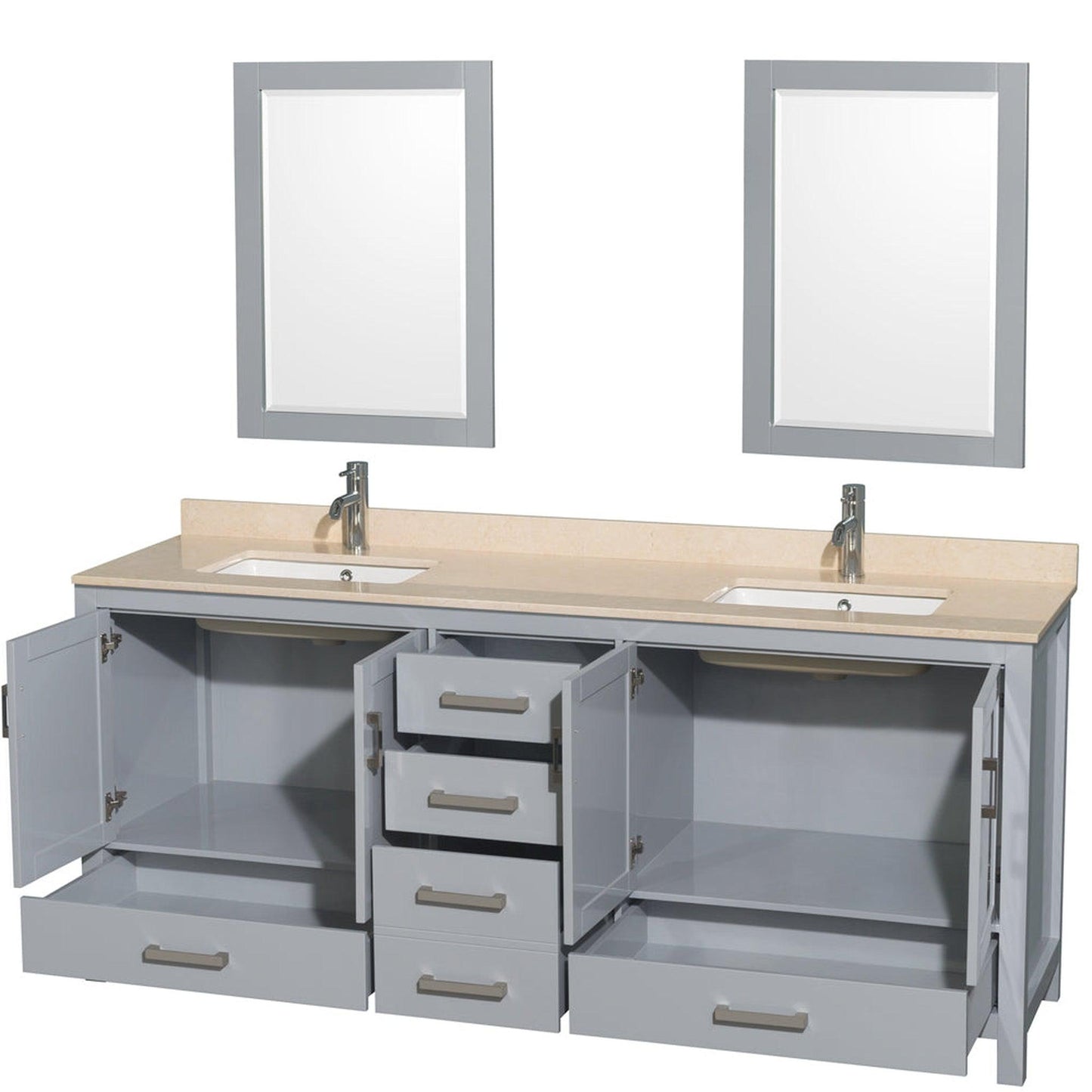 Wyndham Collection Sheffield 80" Double Bathroom Vanity in Gray, Ivory Marble Countertop, Undermount Square Sinks, and 24" Mirror