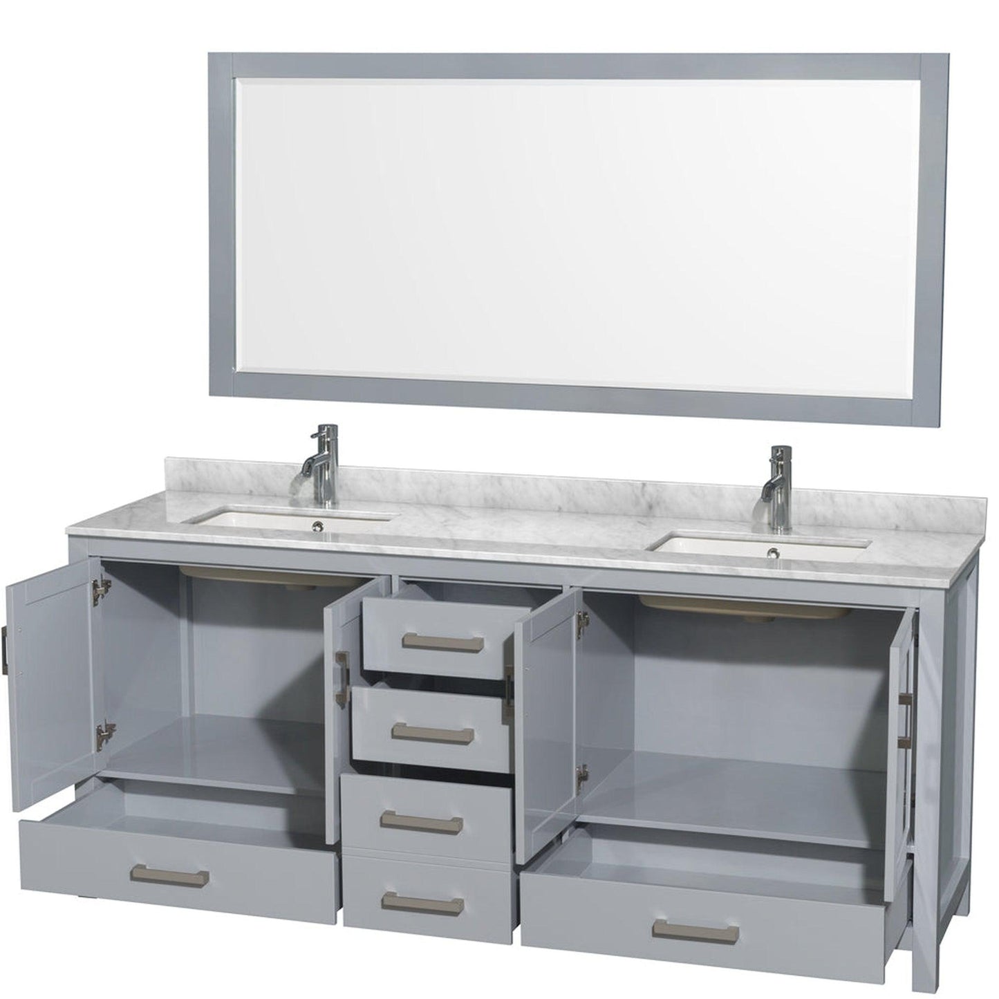 Wyndham Collection Sheffield 80" Double Bathroom Vanity in Gray, White Carrara Marble Countertop, Undermount Square Sinks, and 70" Mirror