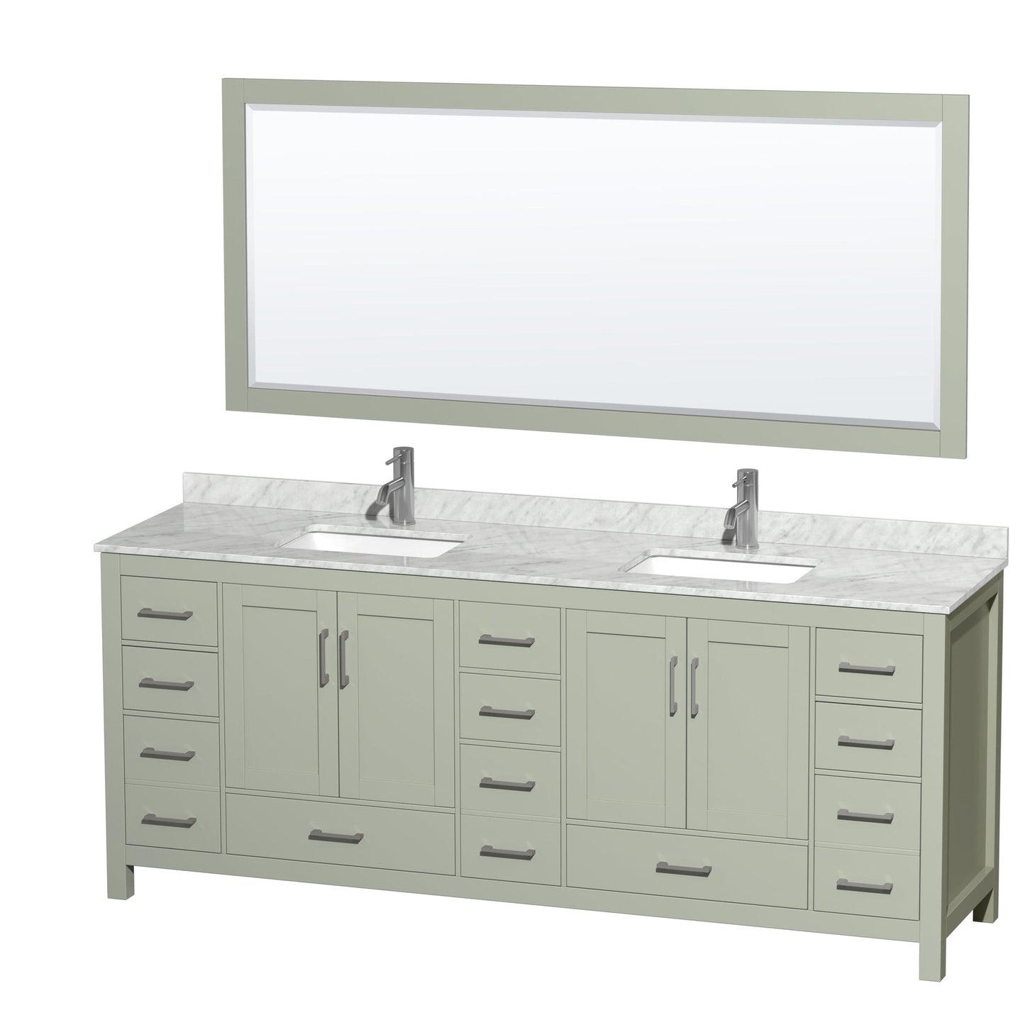 Wyndham Collection Sheffield 84" Double Bathroom Vanity in Light Green, White Carrara Marble Countertop, Undermount Square Sinks, Brushed Nickel Trim, 70" Mirror