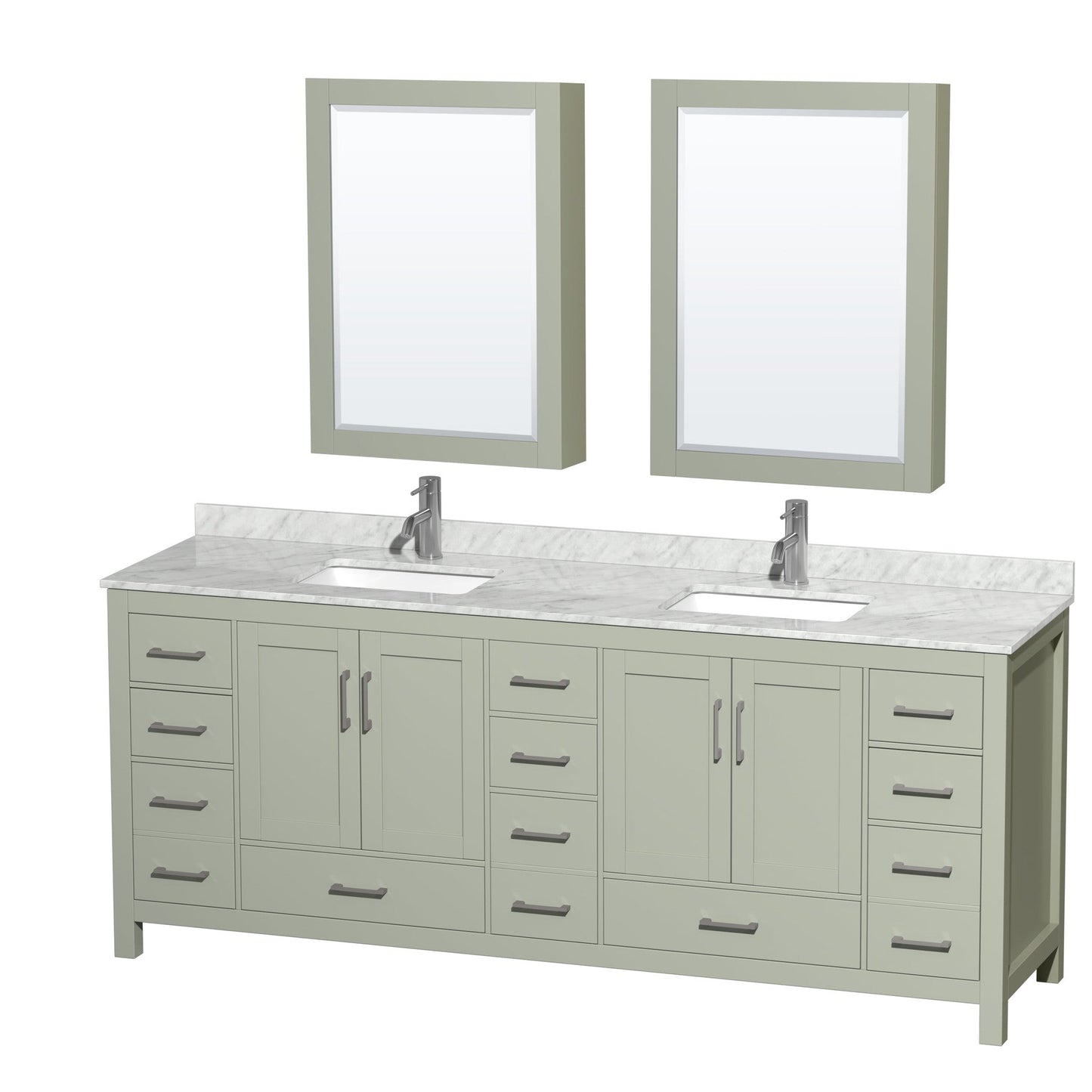 Wyndham Collection Sheffield 84" Double Bathroom Vanity in Light Green, White Carrara Marble Countertop, Undermount Square Sinks, Brushed Nickel Trim, Medicine Cabinets