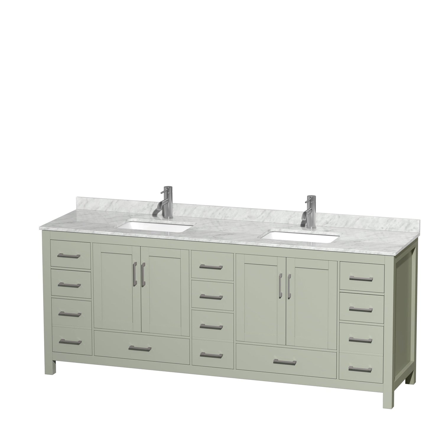Wyndham Collection Sheffield 84" Double Bathroom Vanity in Light Green, White Carrara Marble Countertop, Undermount Square Sinks, Brushed Nickel Trim
