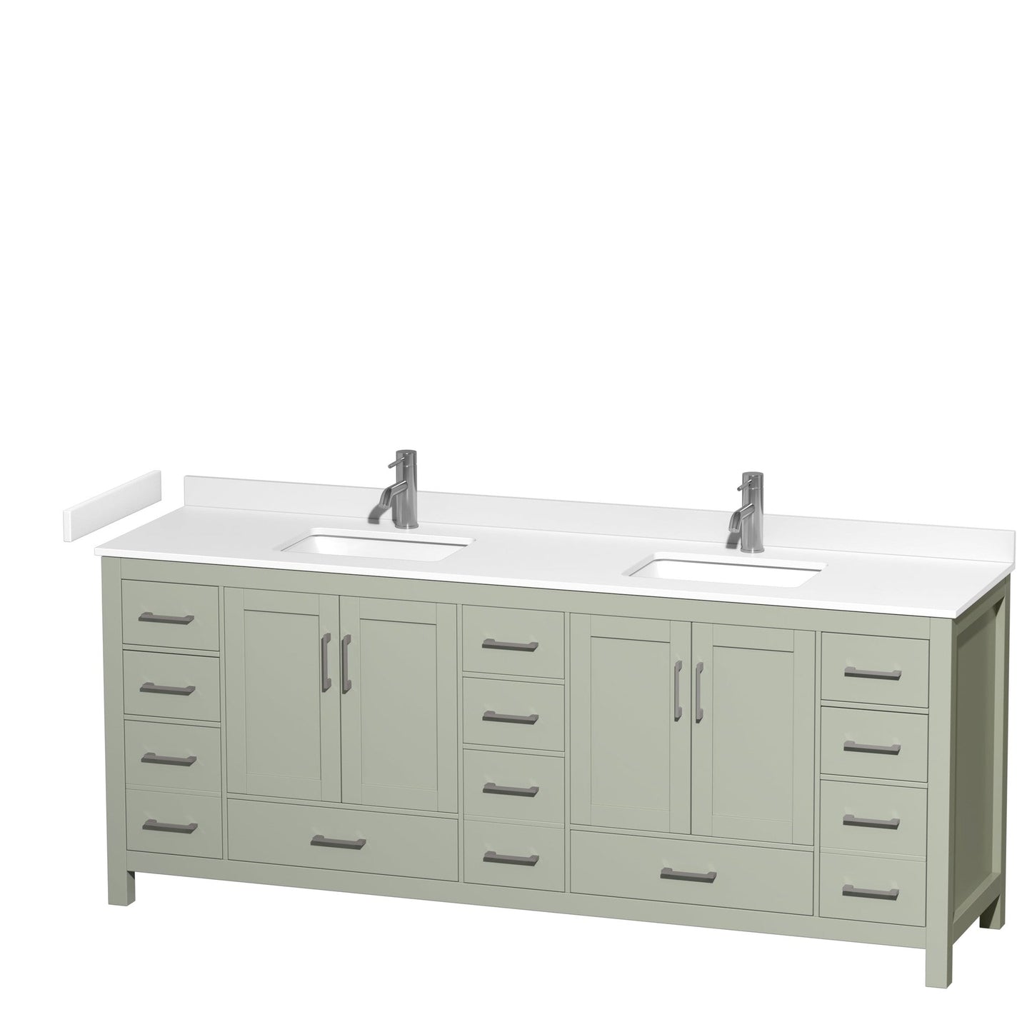 Wyndham Collection Sheffield 84" Double Bathroom Vanity in Light Green, White Cultured Marble Countertop, Undermount Square Sinks, Brushed Nickel Trim