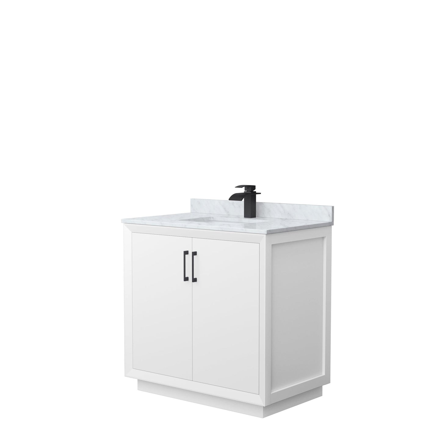 Wyndham Collection Strada 36" Single Bathroom Vanity in White, White Carrara Marble Countertop, Undermount Square Sink, Matte Black Trim