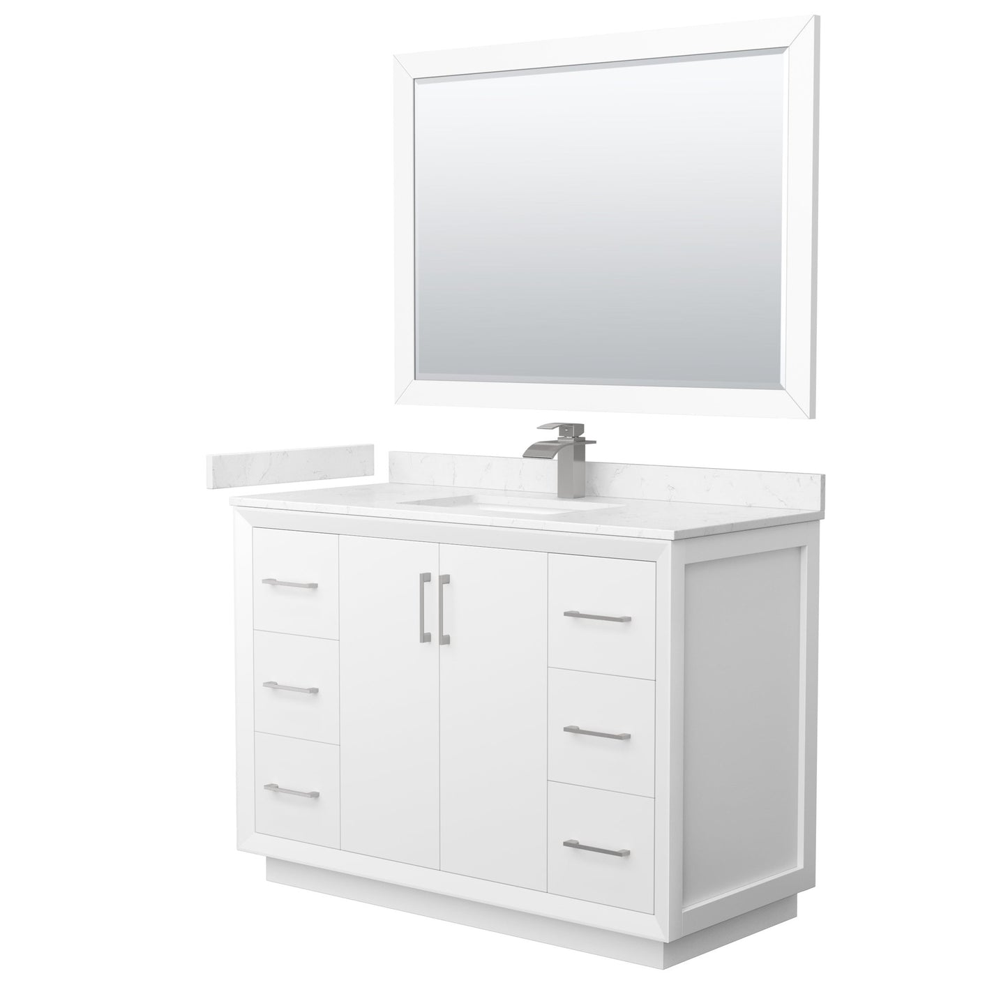 Wyndham Collection Strada 48" Single Bathroom Vanity in White, Carrara Cultured Marble Countertop, Undermount Square Sink, Brushed Nickel Trim, 46" Mirror