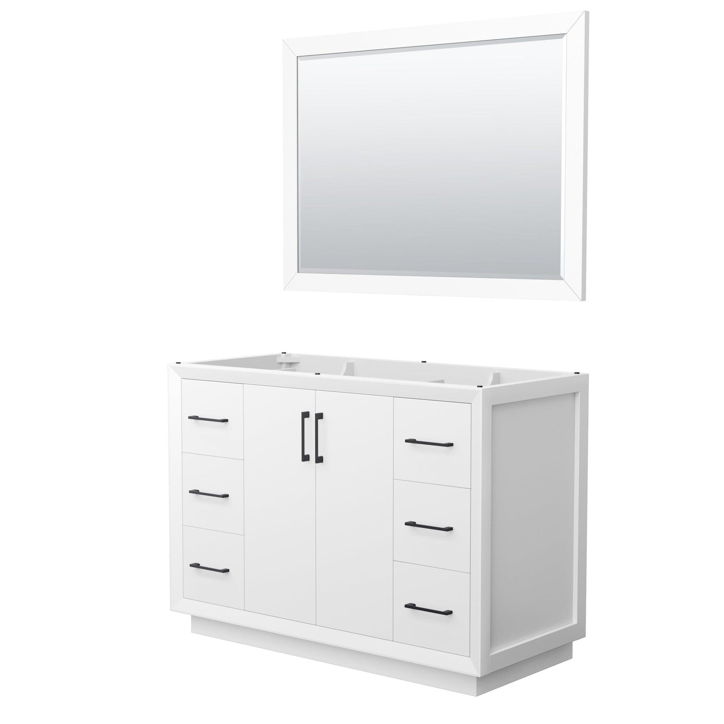 Wyndham Collection Strada 48" Single Bathroom Vanity in White, No Countertop, No Sink, Matte Black Trim, 46" Mirror