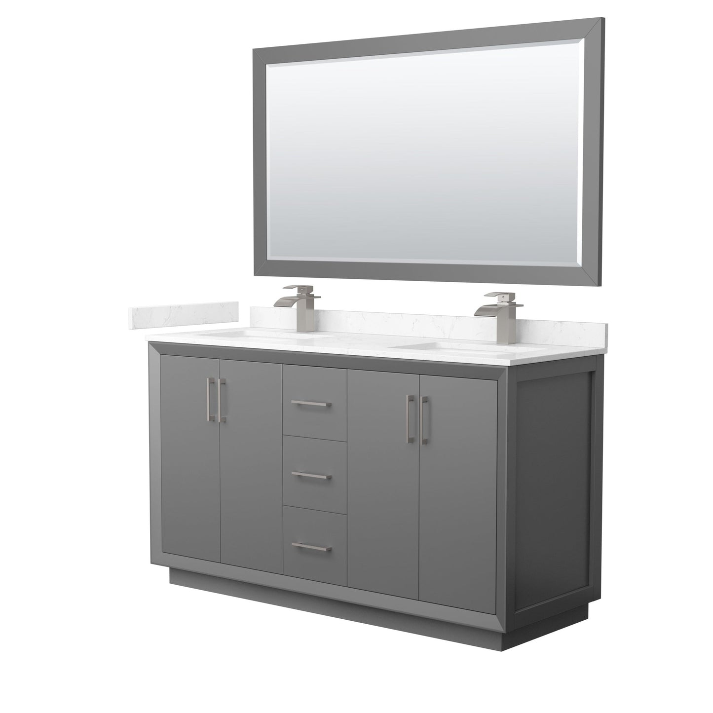 Wyndham Collection Strada 60" Double Bathroom Vanity in Dark Gray, Carrara Cultured Marble Countertop, Undermount Square Sink, Brushed Nickel Trim, 58" Mirror
