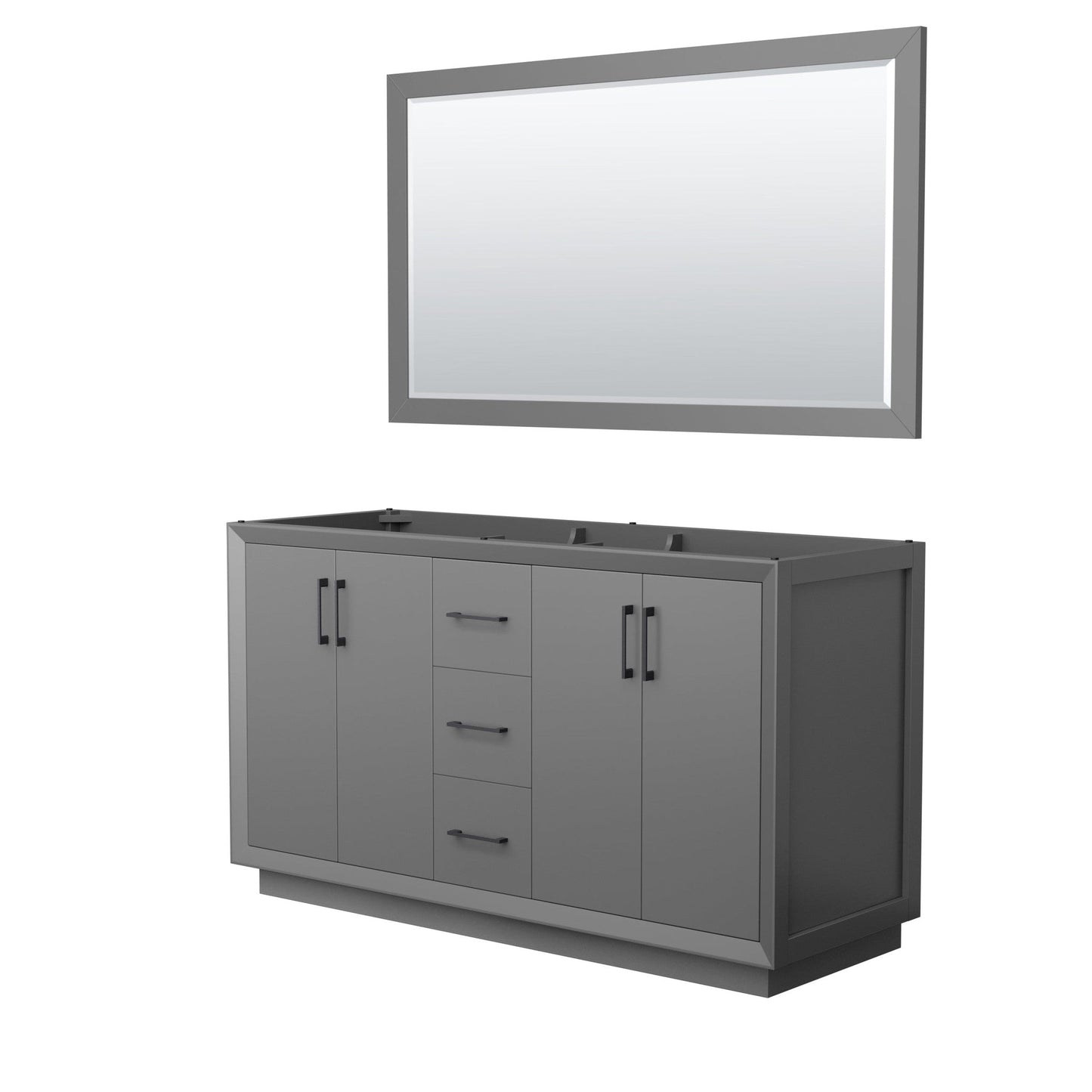 Wyndham Collection Strada 60" Double Bathroom Vanity in Dark Gray, No Countertop, No Sink, Matte Black Trim, 58" Mirror