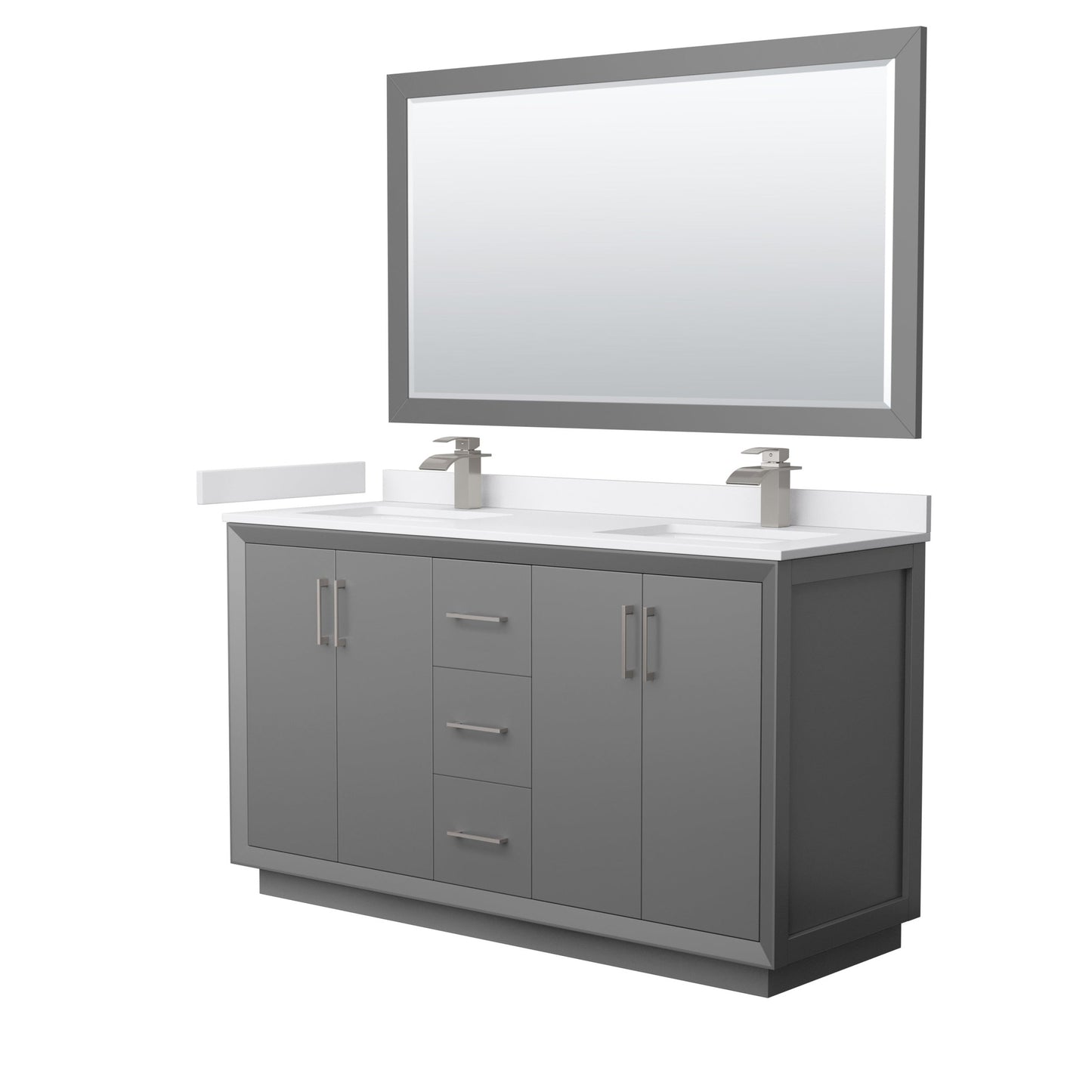 Wyndham Collection Strada 60" Double Bathroom Vanity in Dark Gray, White Cultured Marble Countertop, Undermount Square Sink, Brushed Nickel Trim, 58" Mirror