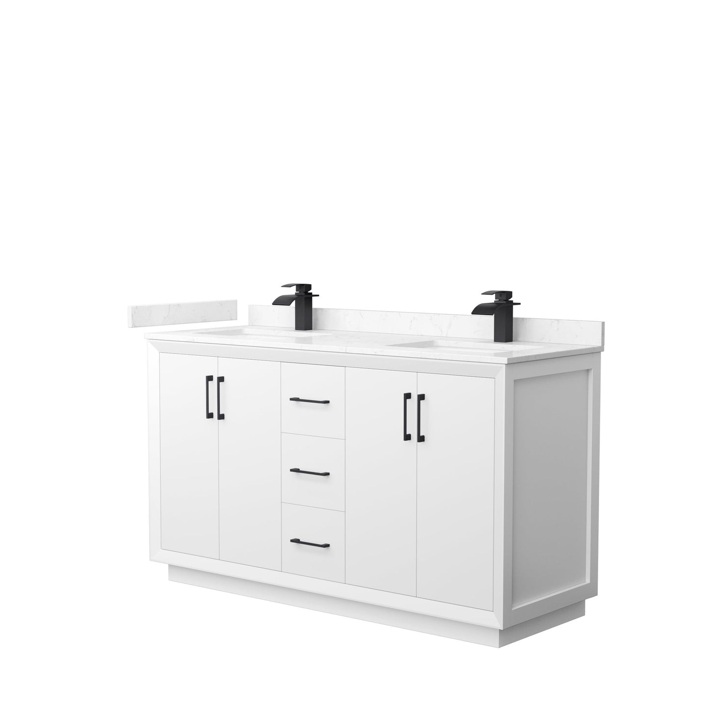 Wyndham Collection Strada 60" Double Bathroom Vanity in White, Carrara Cultured Marble Countertop, Undermount Square Sink, Matte Black Trim