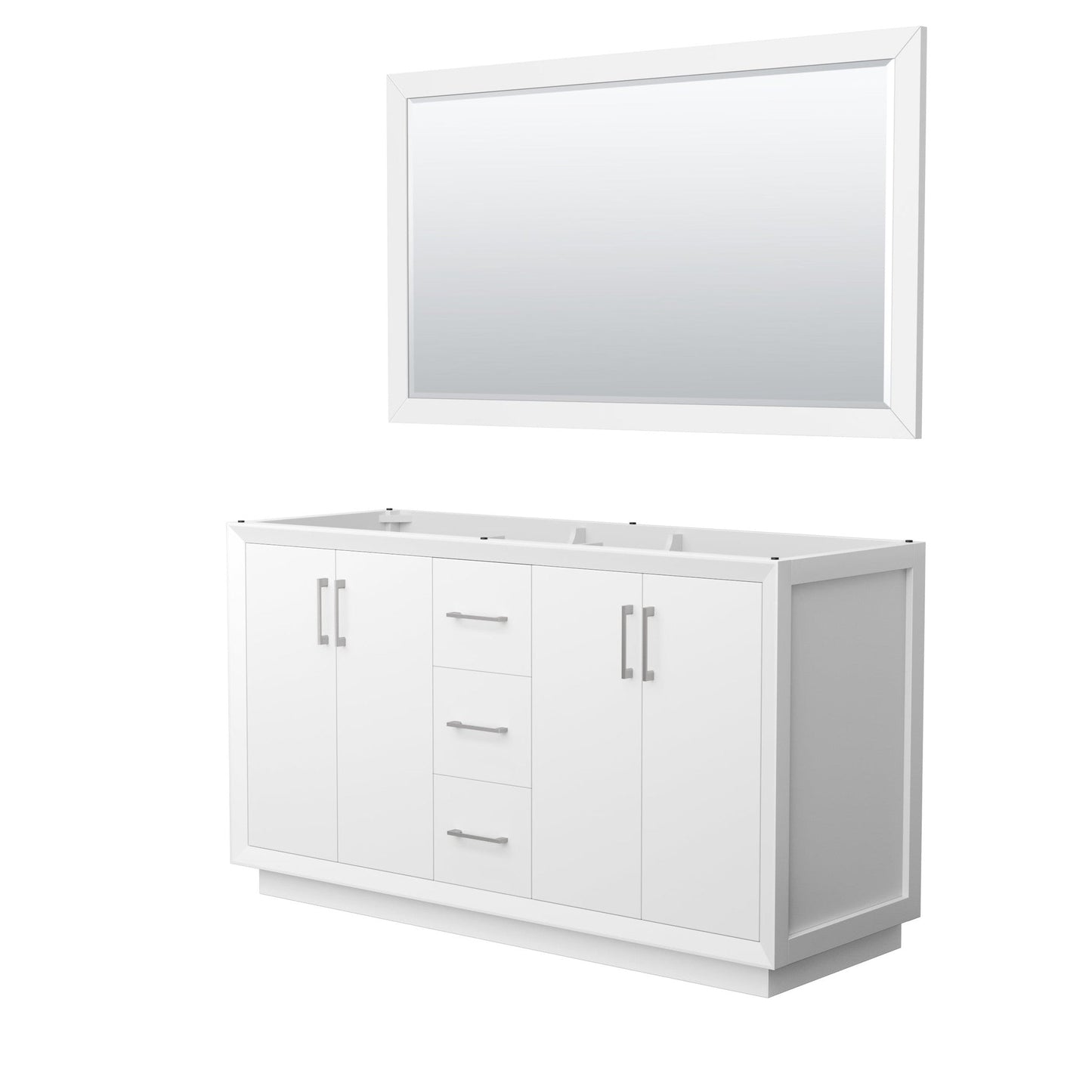 Wyndham Collection Strada 60" Double Bathroom Vanity in White, No Countertop, No Sink, Brushed Nickel Trim, 58" Mirror